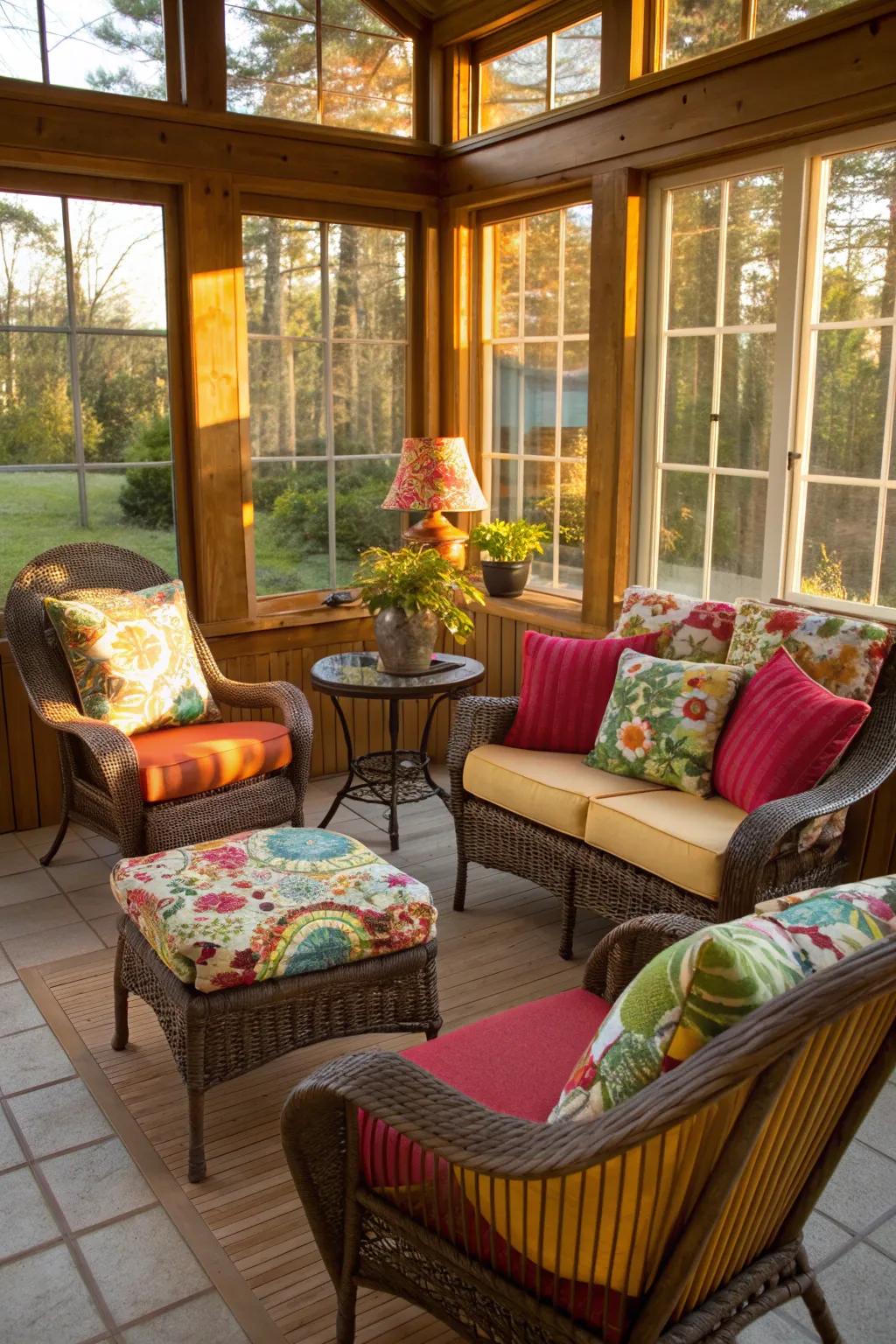 Eclectic chair styles bring personality and charm to this sunroom.