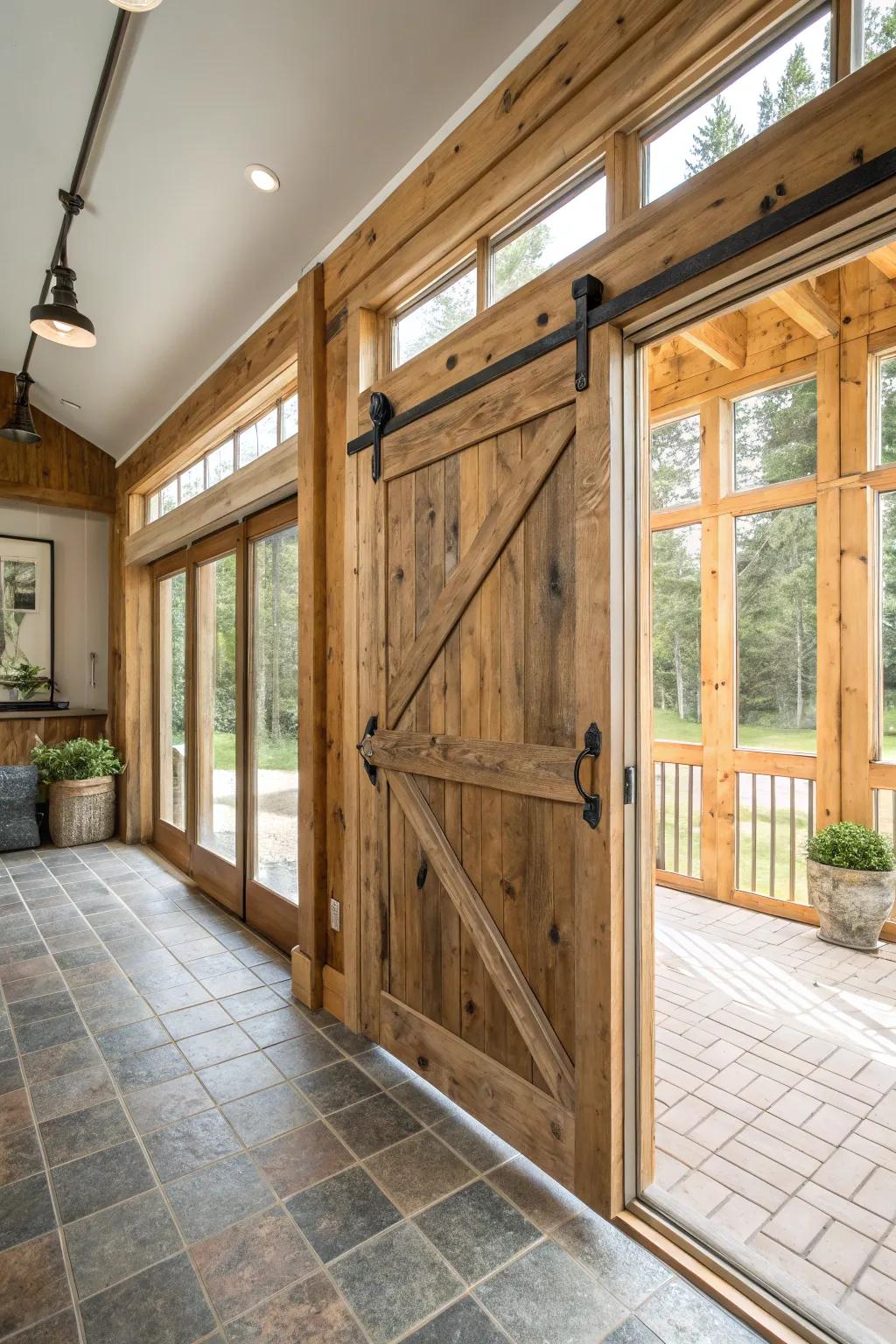 Rustic barn doors adding warmth and character to the sunroom.