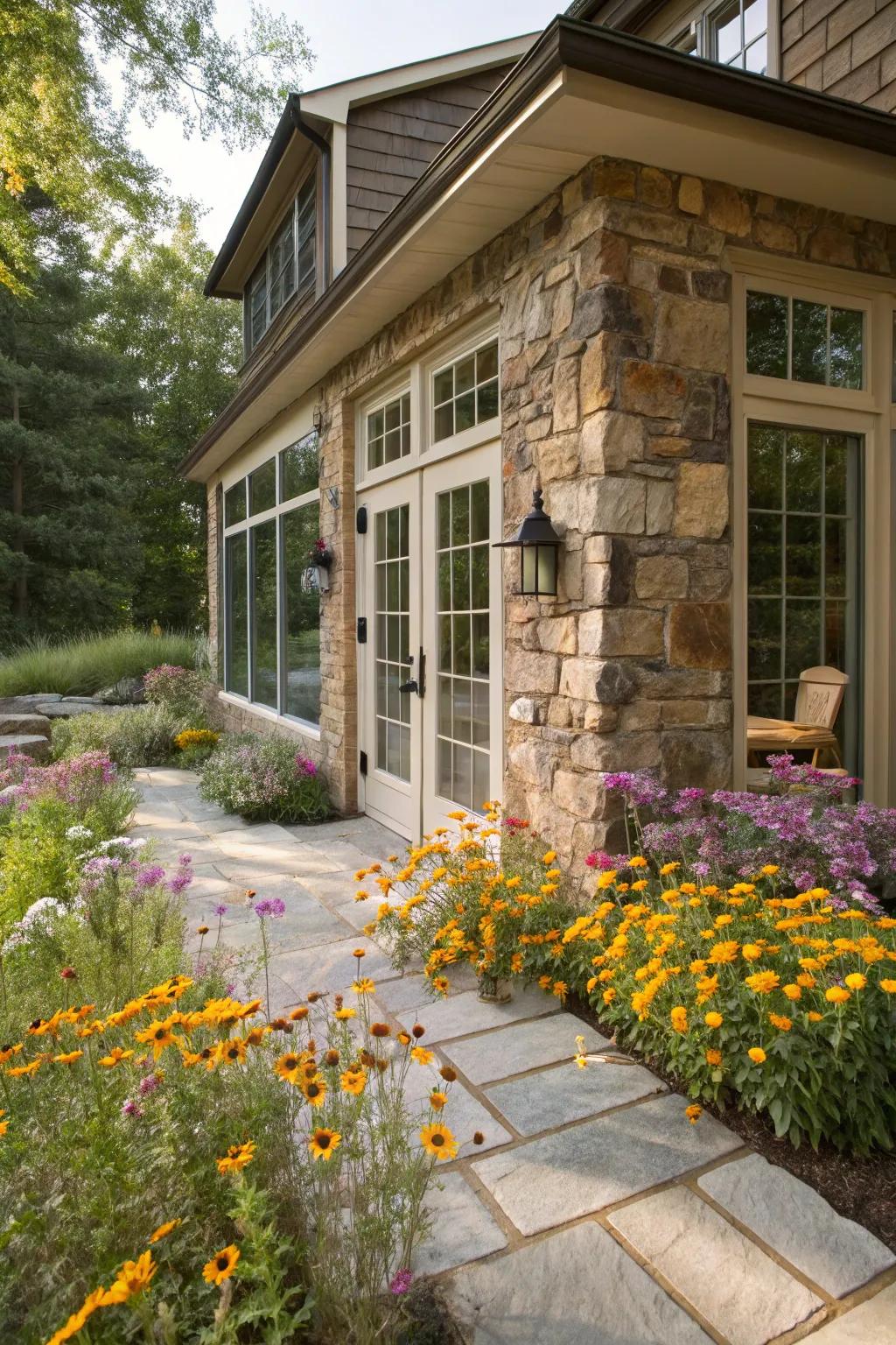 A charming stone veneer sunroom nestled among wildflowers.