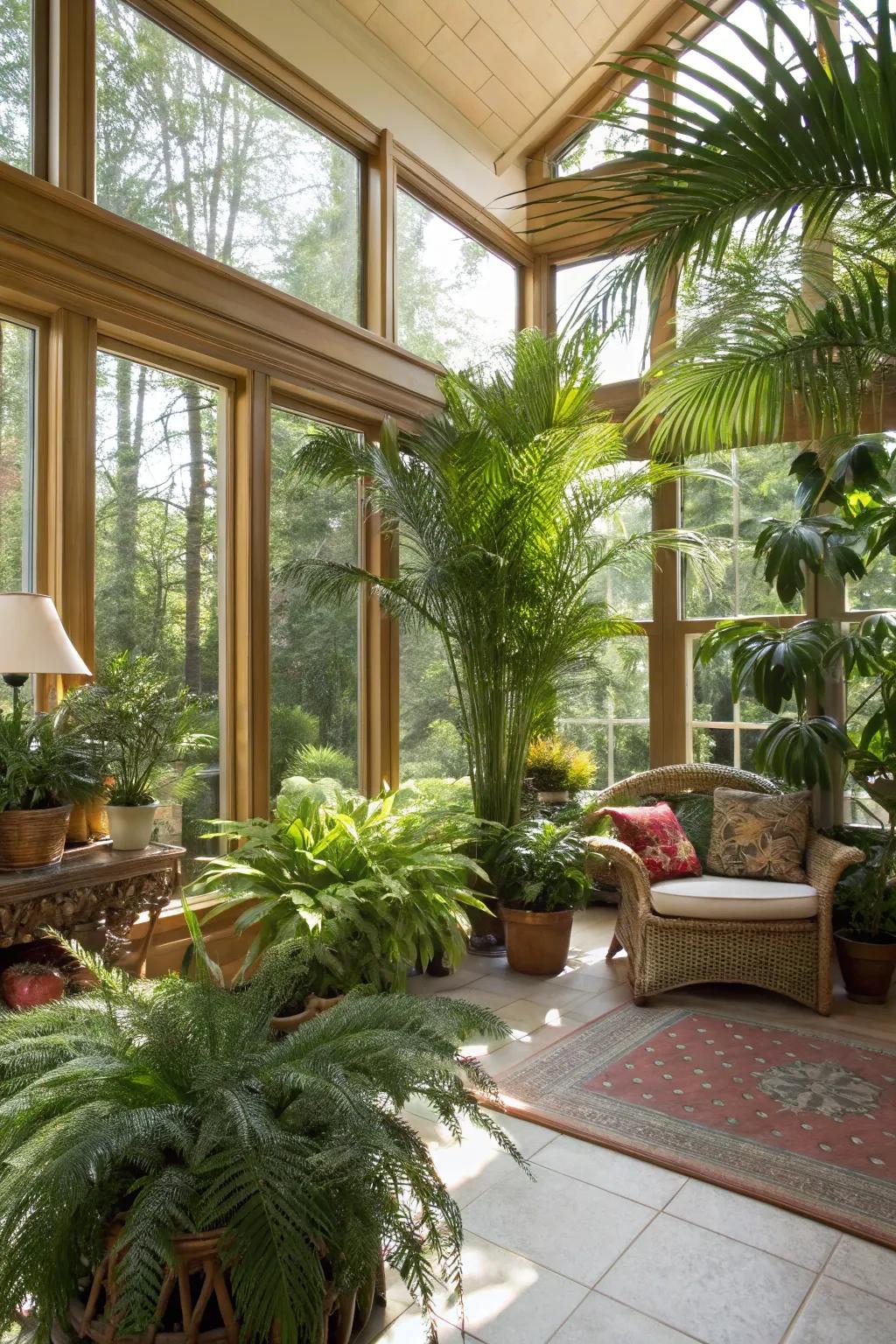 Indoor plants breathe life into this sunroom space.