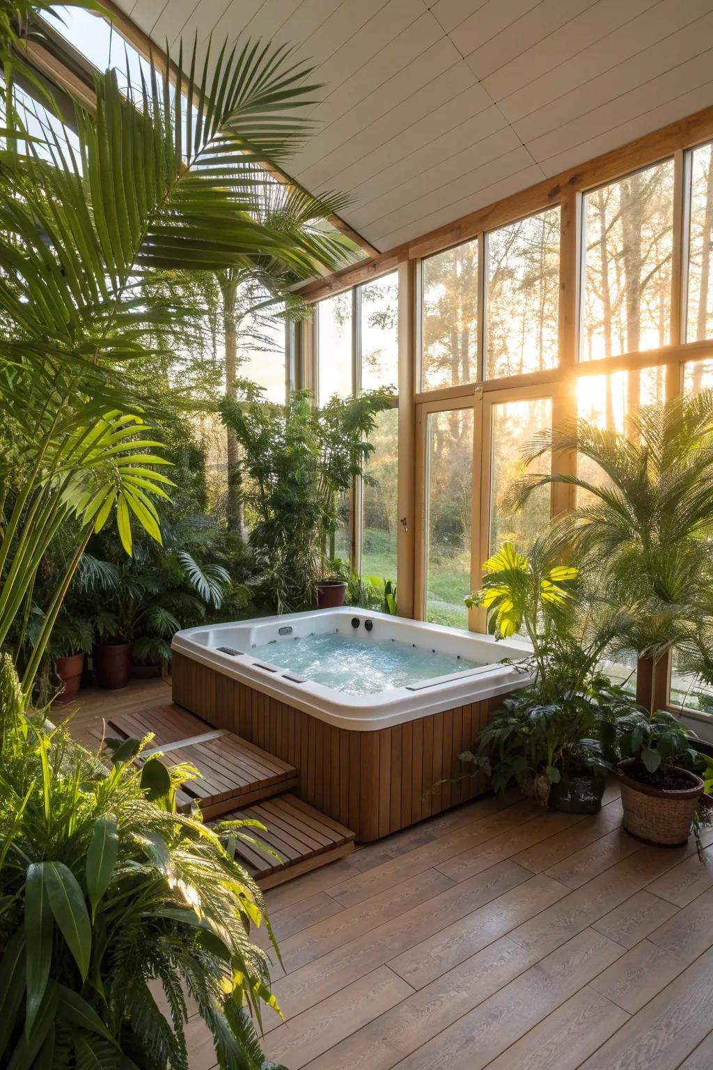 Lush greenery creates a soothing atmosphere around the hot tub.