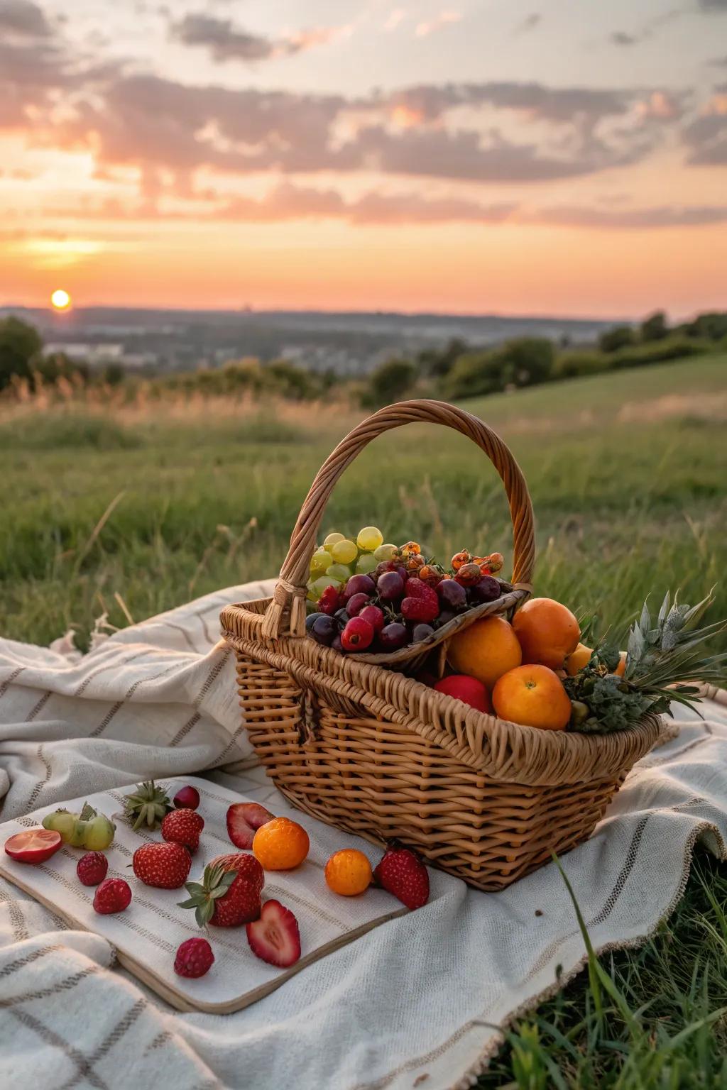 A vibrant selection of fresh fruits for a sunset picnic.