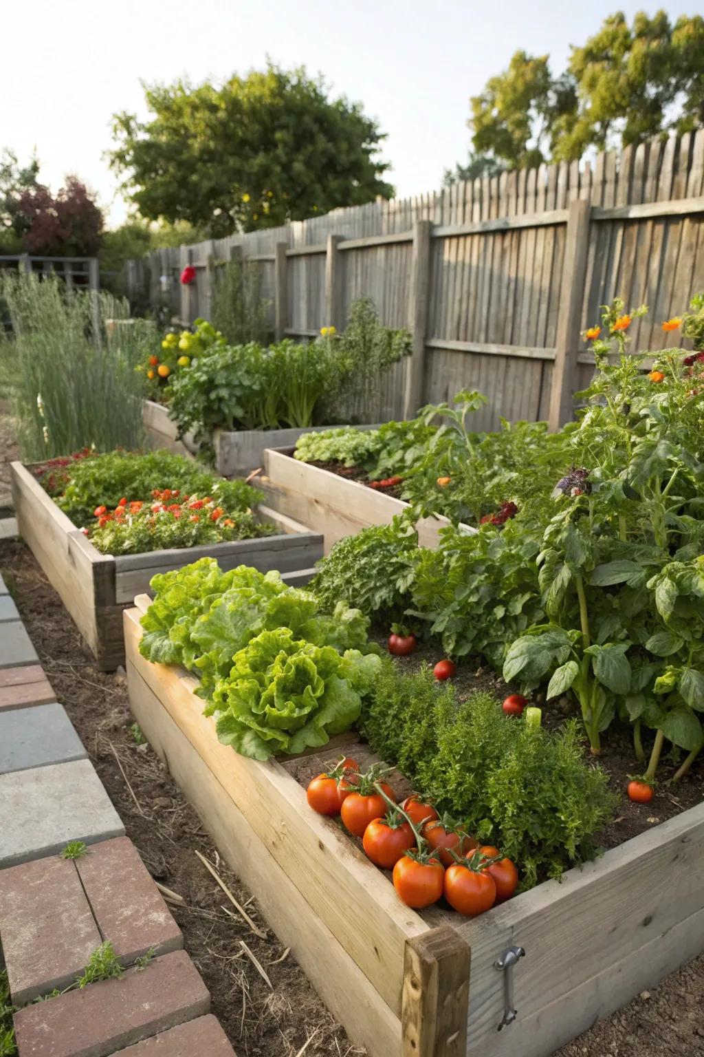 Lush raised beds brimming with homegrown vegetables and herbs.