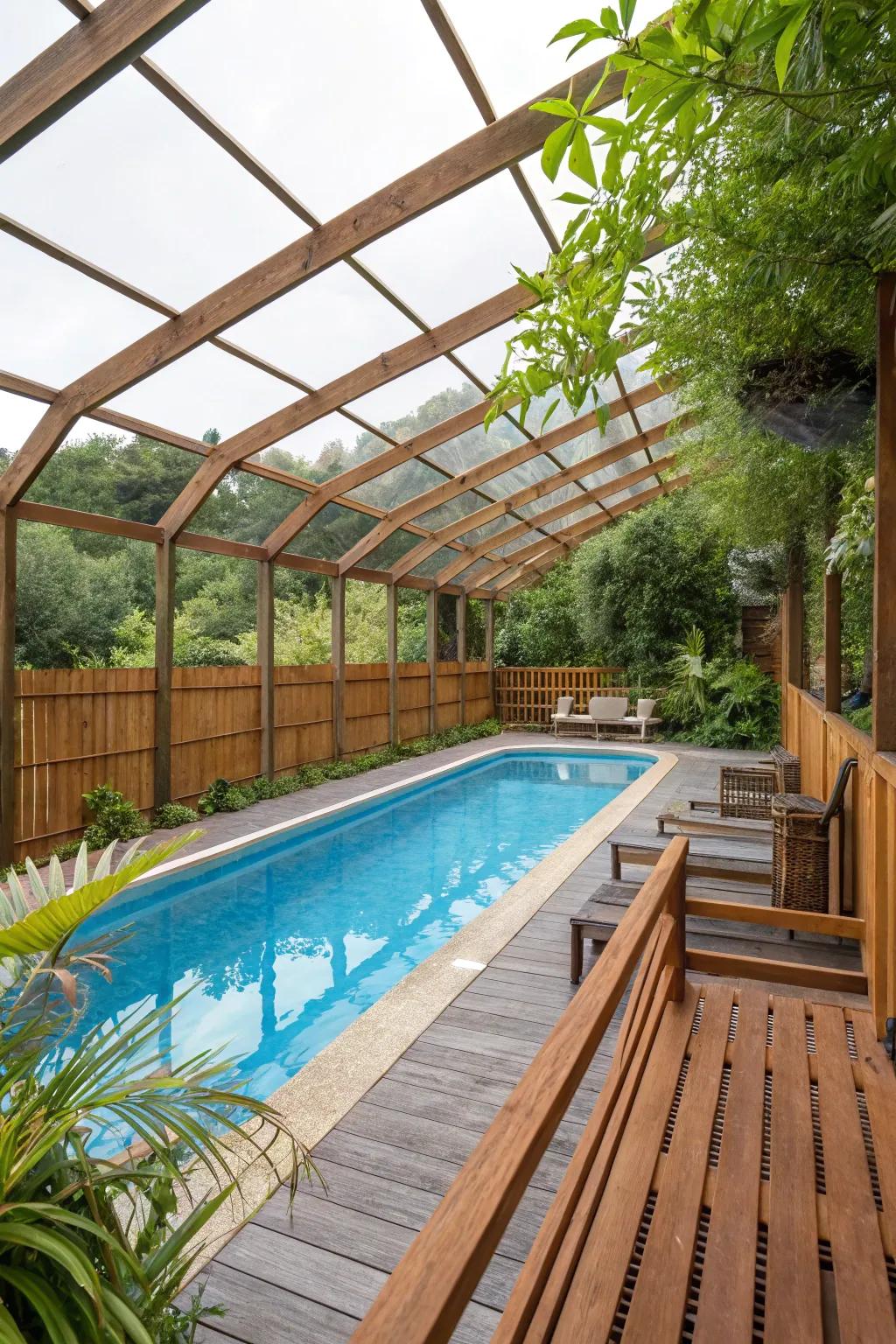 A pool enclosure integrated with natural elements, creating a tranquil oasis.
