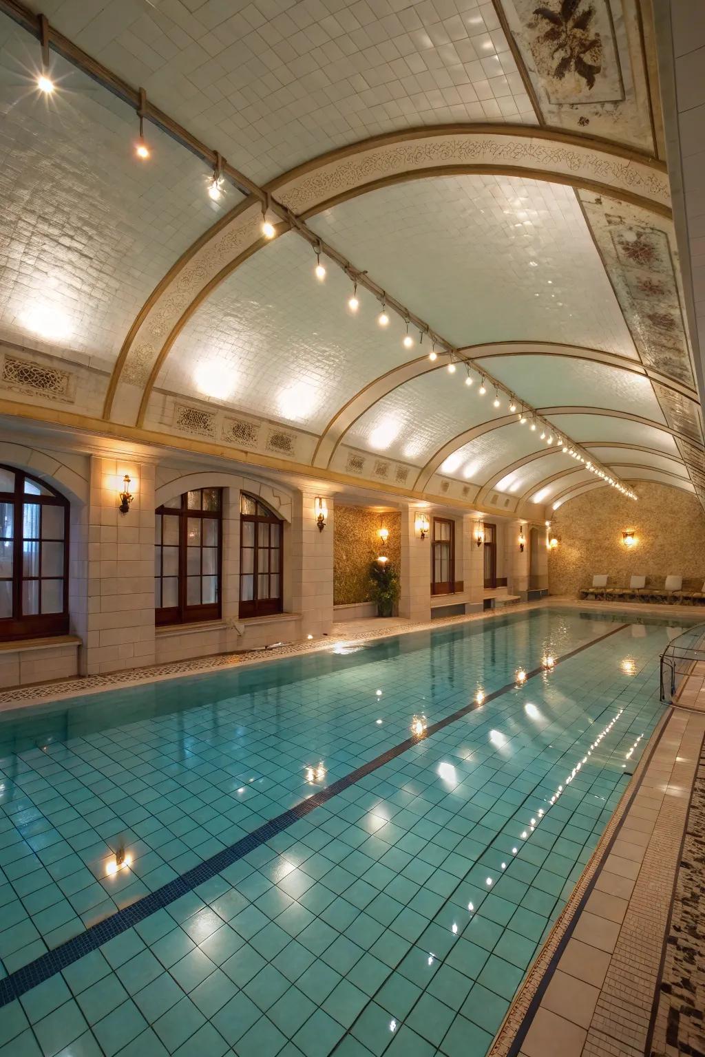 Elegant lighting transforms the pool room's ambiance.