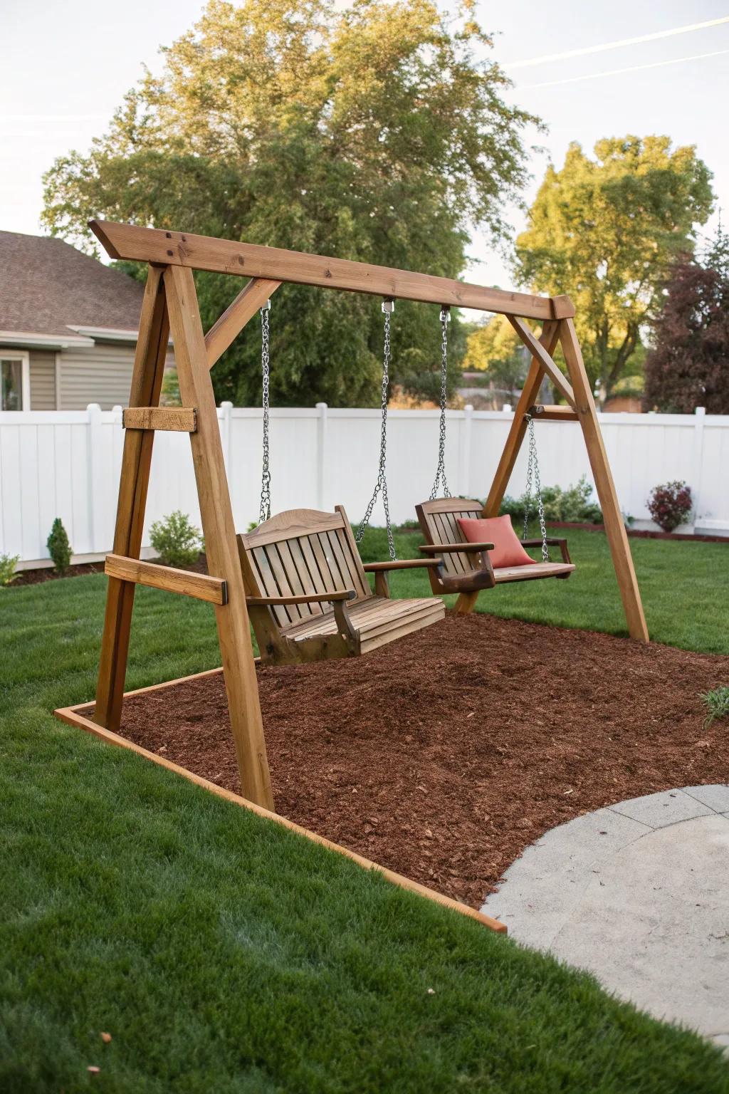 A backyard swing set with eco-friendly mulch laid around its base.