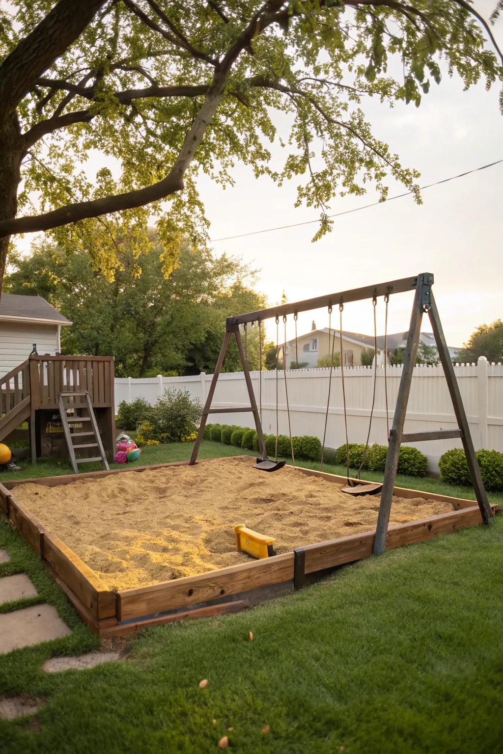 Swingset with an inviting sandpit nearby.