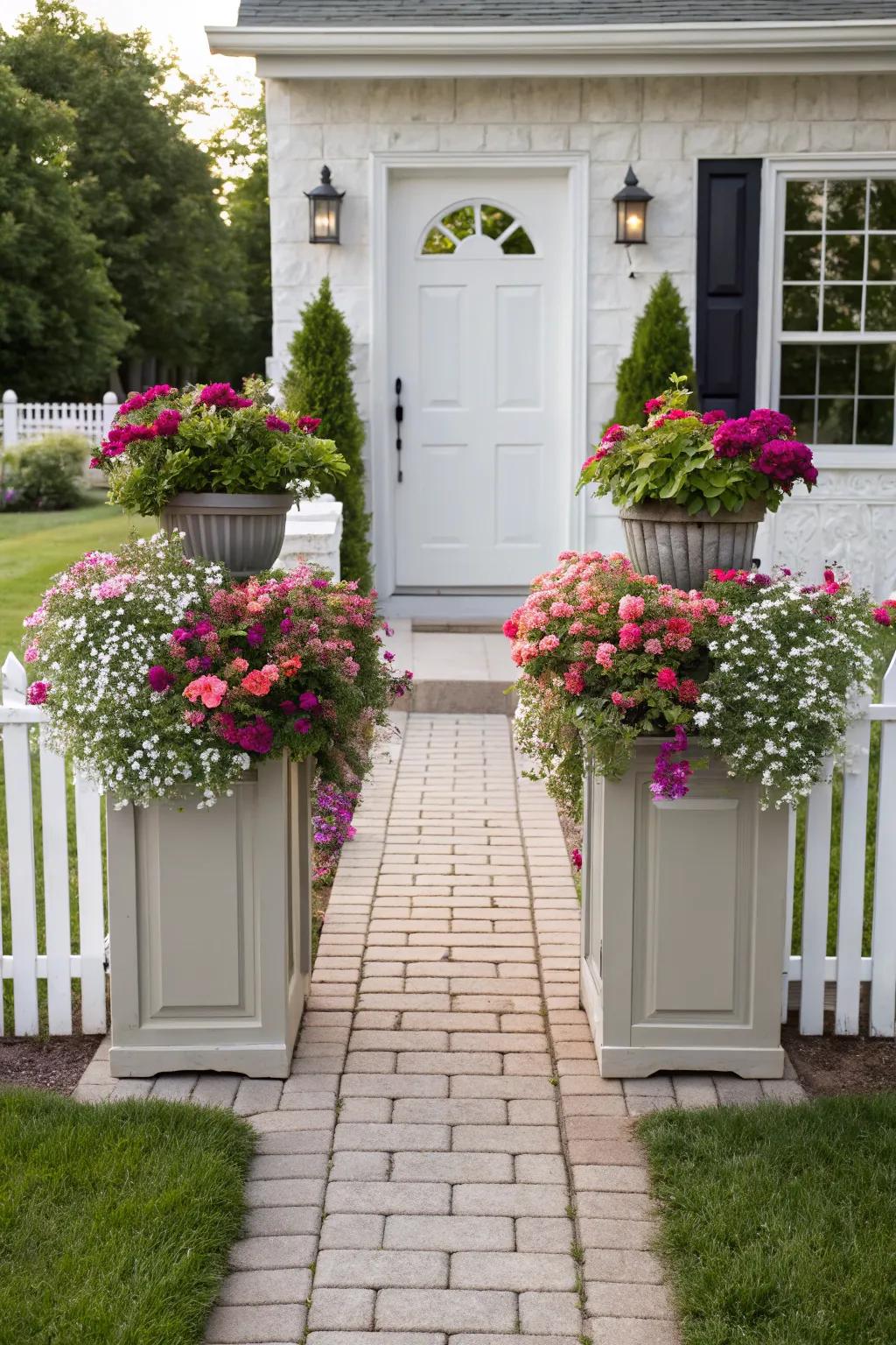Matching planters with seasonal blooms enhancing the entrance.