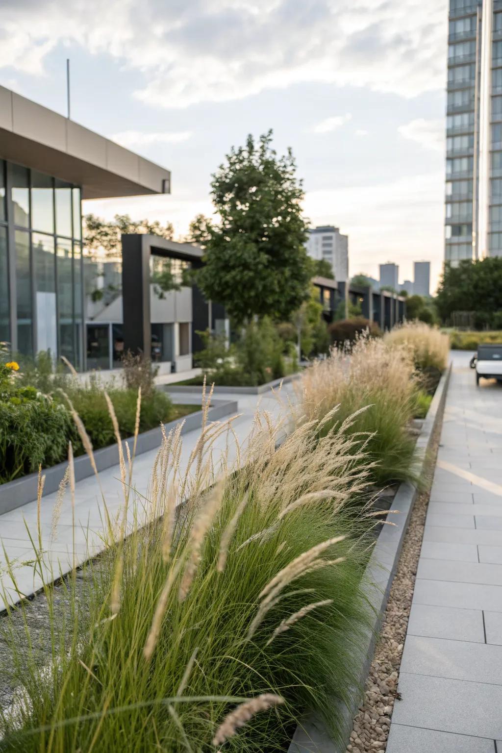 A contemporary urban garden enhanced with tall grasses for a natural element.