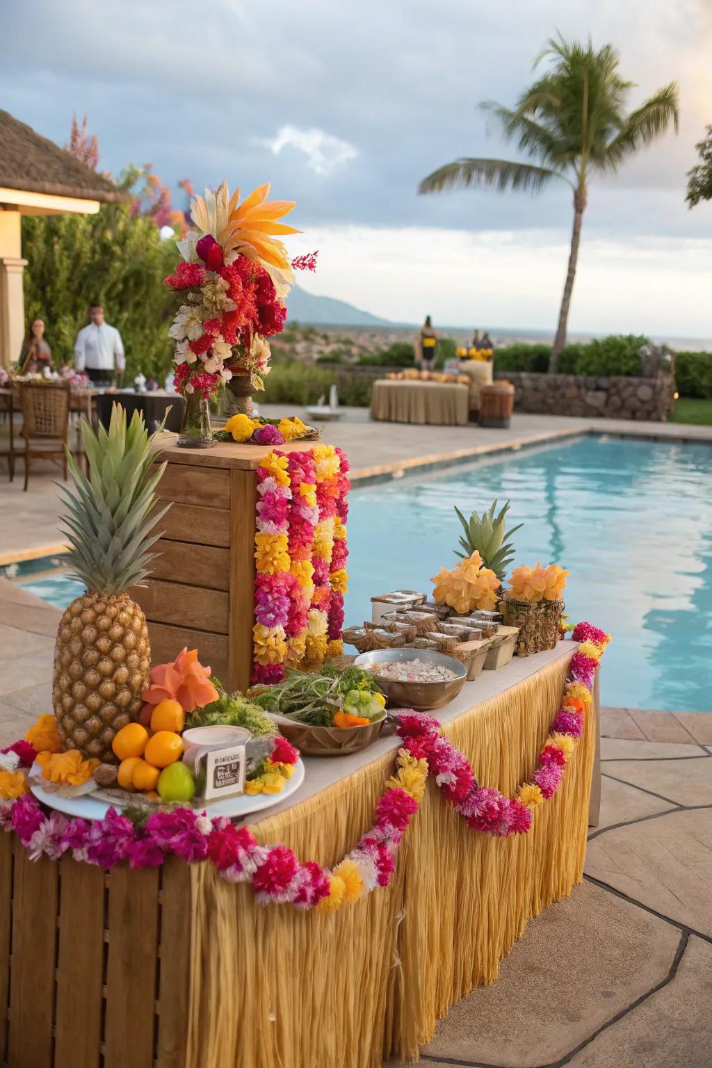 A luau-themed pool party with a lei-making station and tropical fruits.
