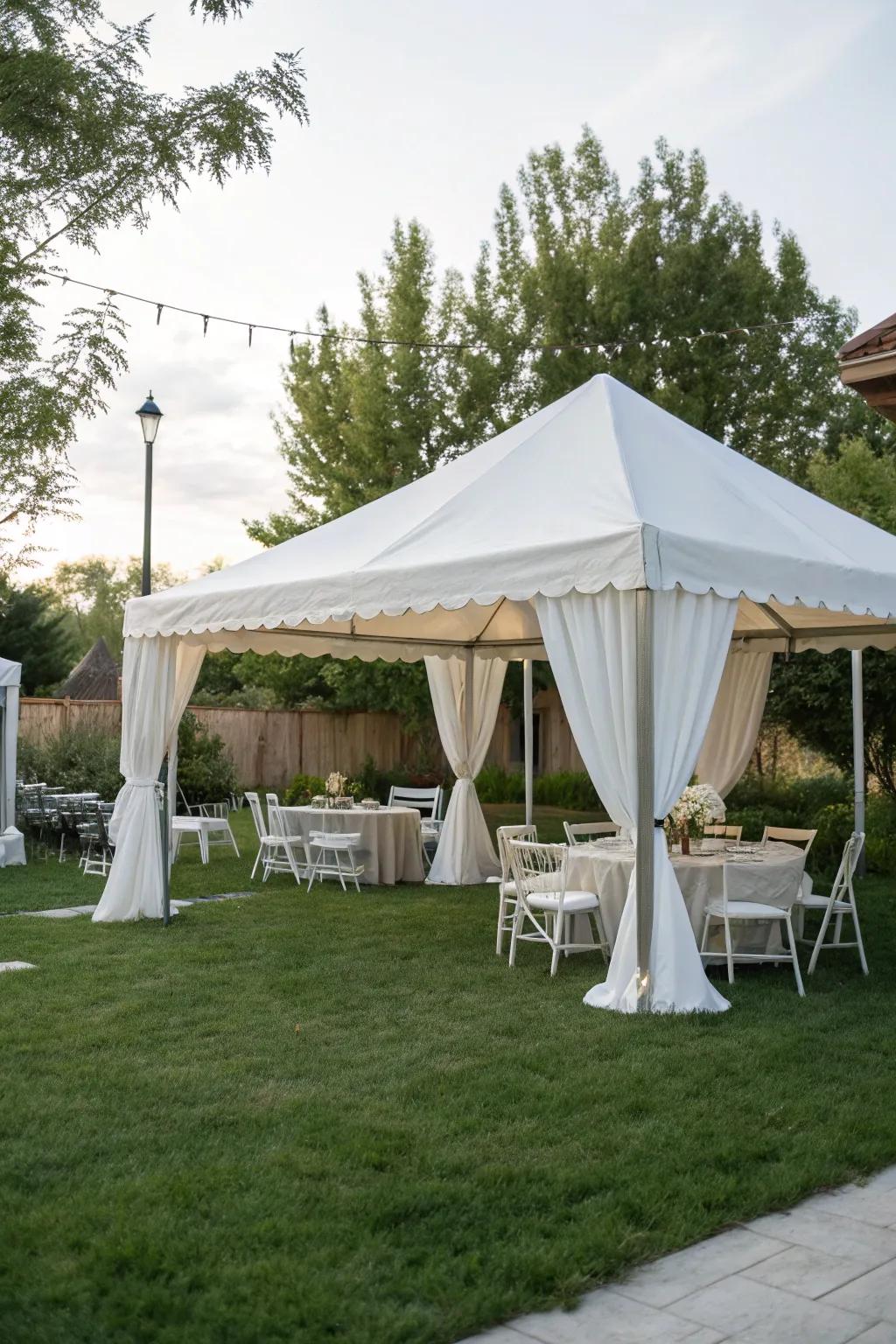 A simple canopy tent offering shelter for a backyard event.