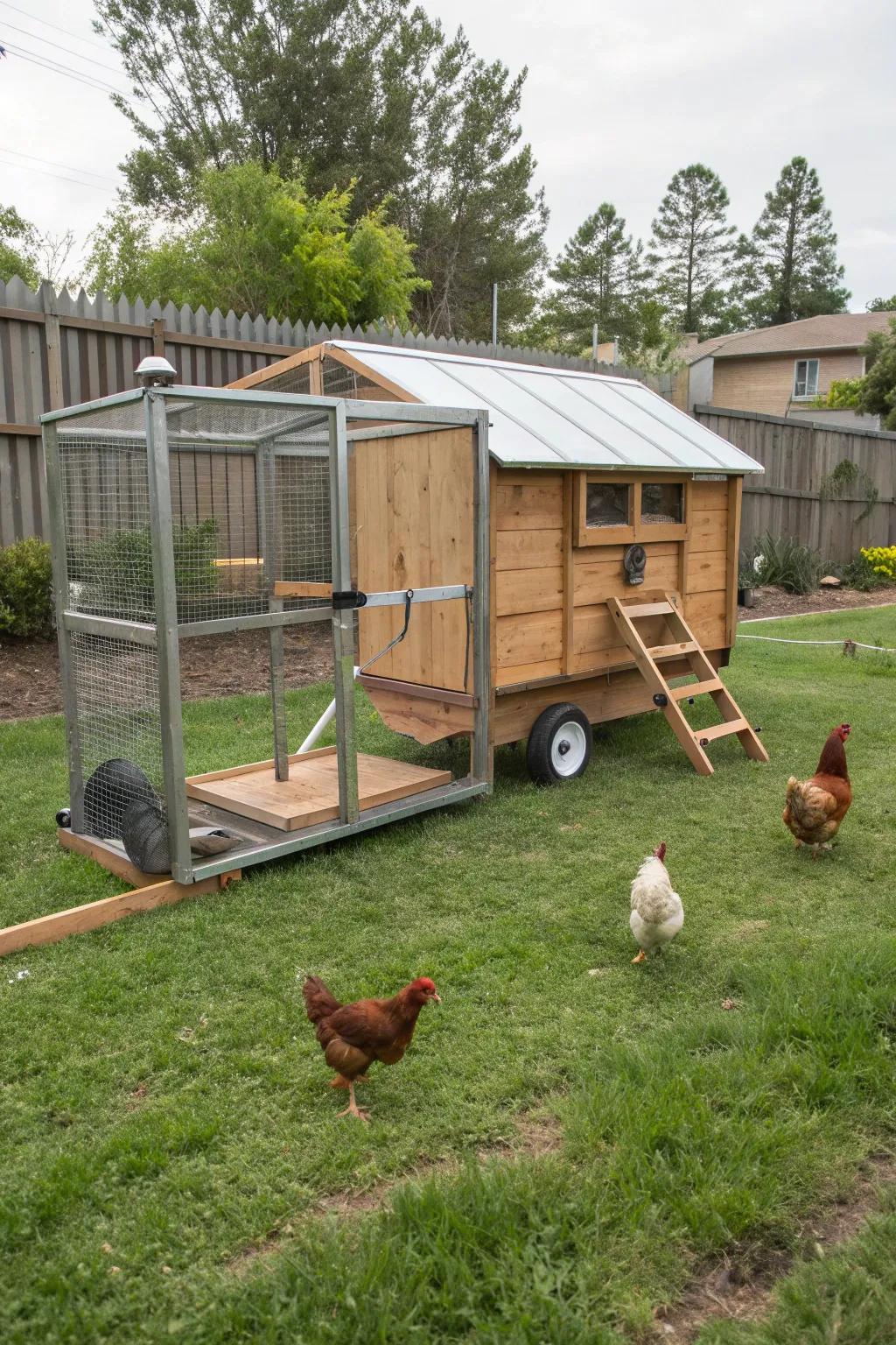A practical chicken tractor offering mobility and natural lawn care.