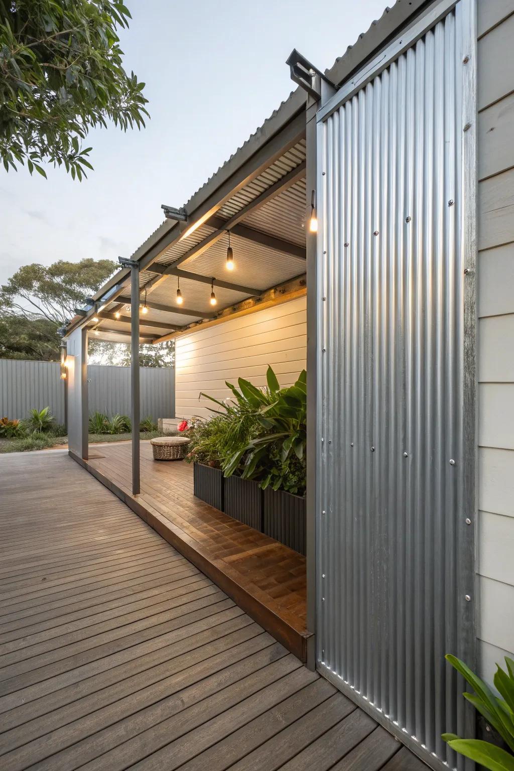 Corrugated metal adds a modern industrial touch to outdoor areas.