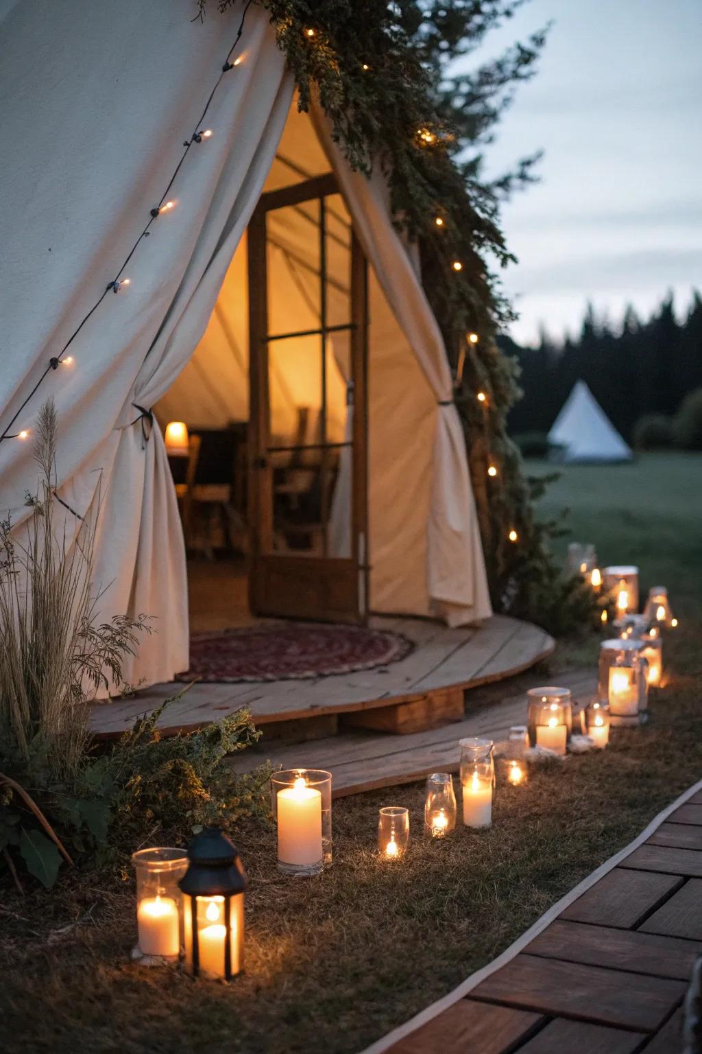 Add a romantic touch with candles around your tent.