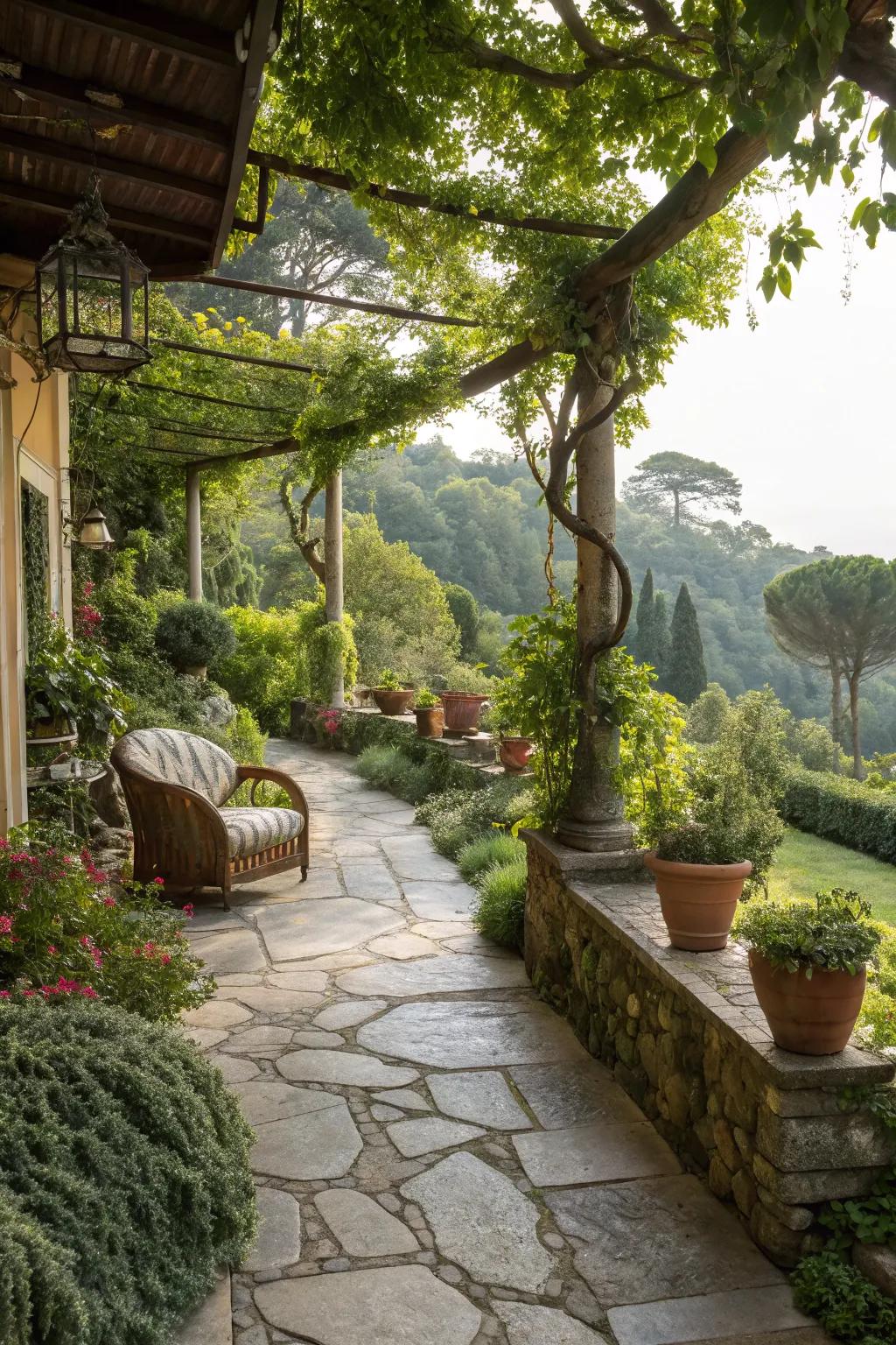 Natural stone pathways guide the way through a lush terrace.