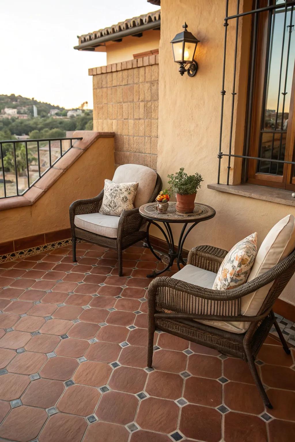 Make your terrace inviting with warm-toned tiles and cozy seating.