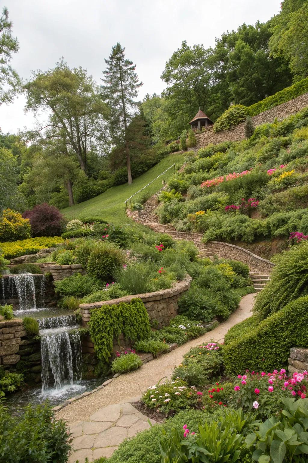 Terraced garden with a small, charming waterfall cascading through lush greenery on a slope.
