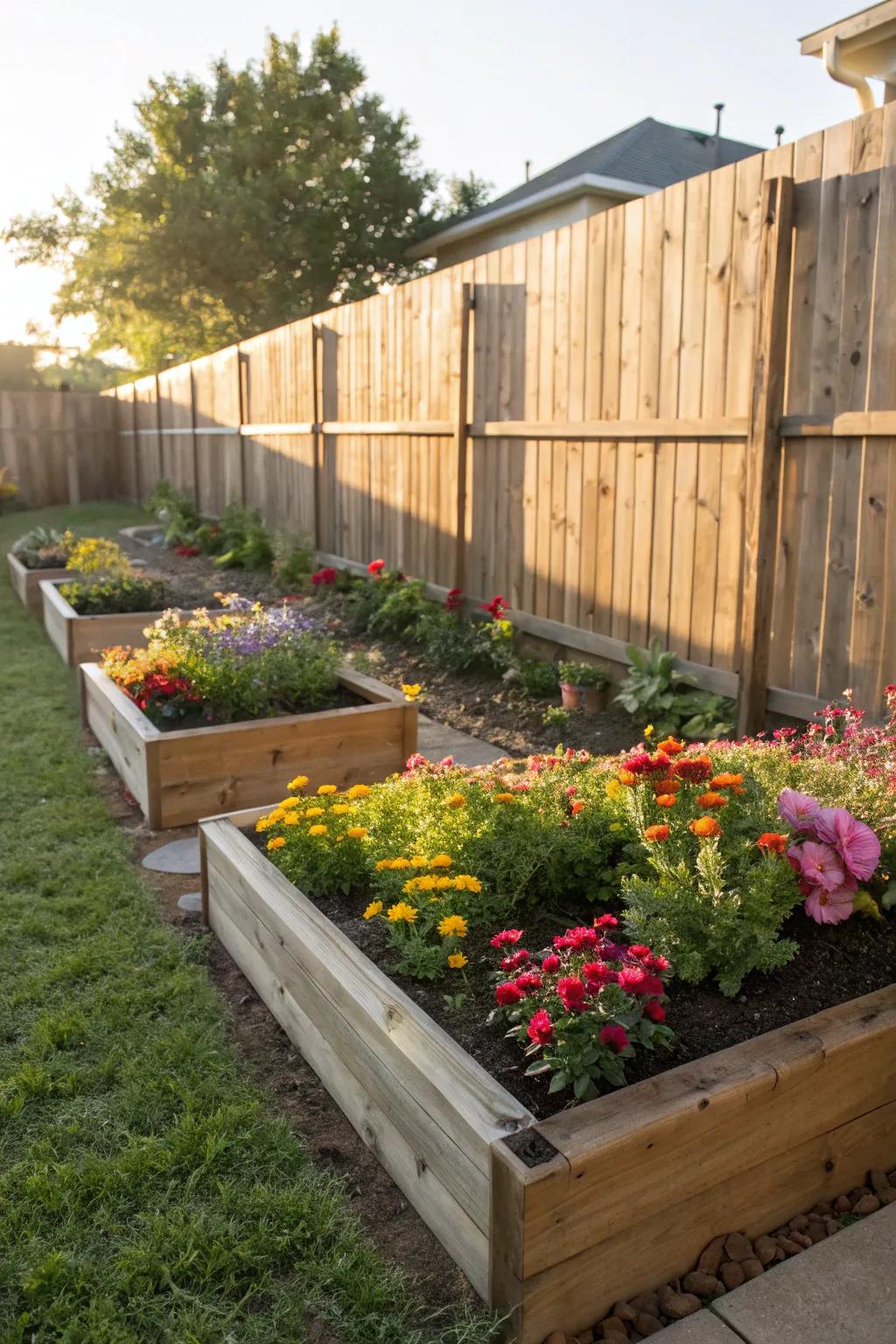 Raised flower beds showcasing vibrant Texas flora.