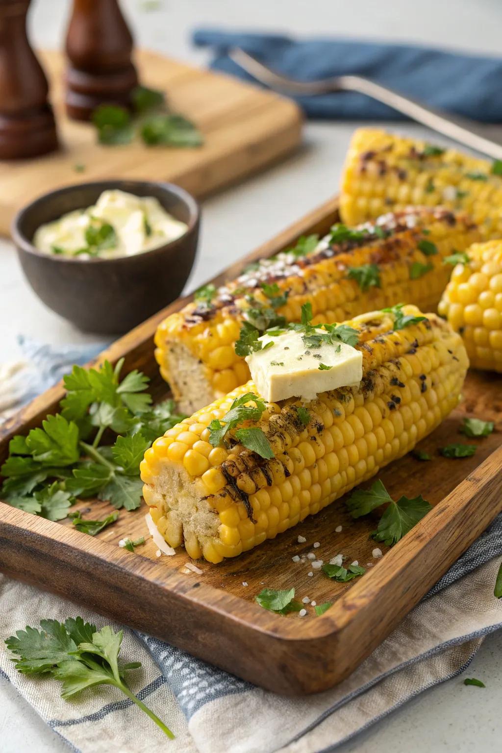 Grilled corn with a savory herbed butter.