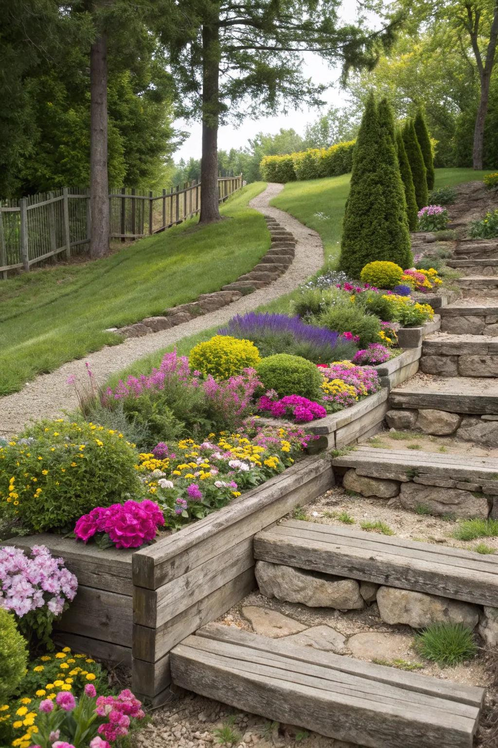 Mixing materials like wood and stone adds texture and interest.