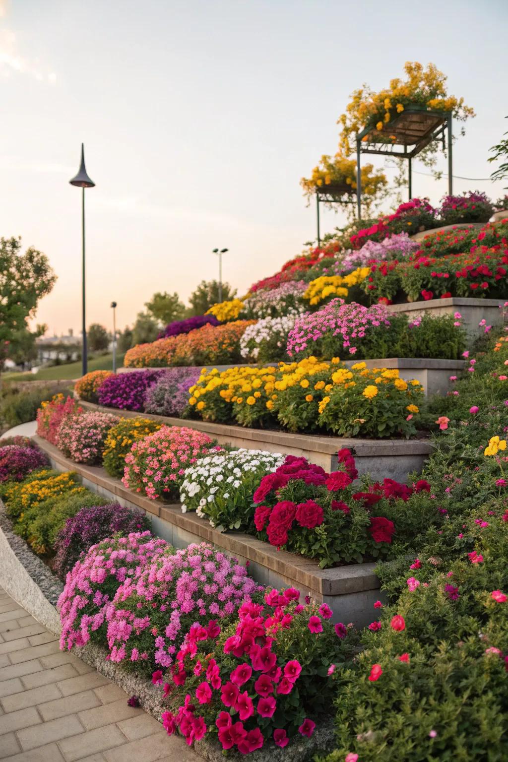 Bright blooms add a splash of color and visual interest to any tiered garden.
