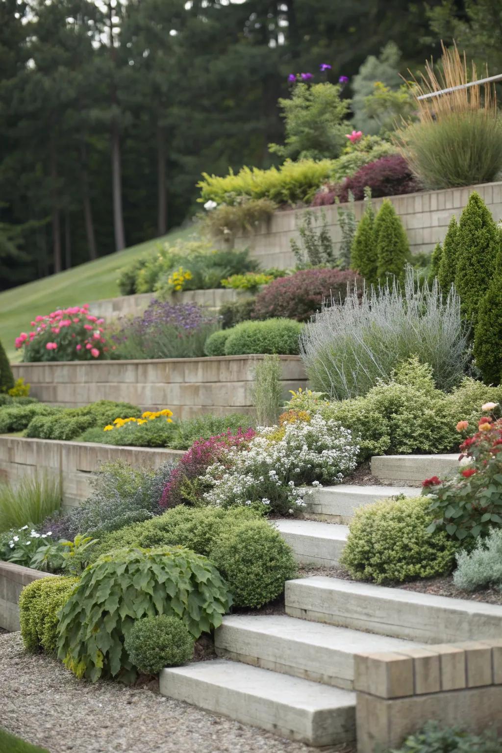 Layered planting adds depth and interest to tiered gardens.