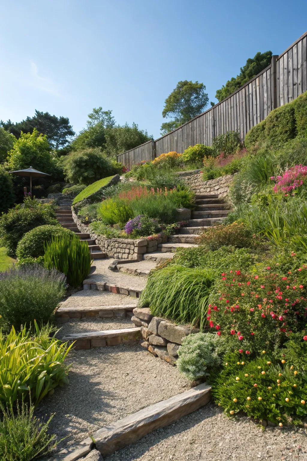 Gravel pathways enhance accessibility and add charm to tiered gardens.