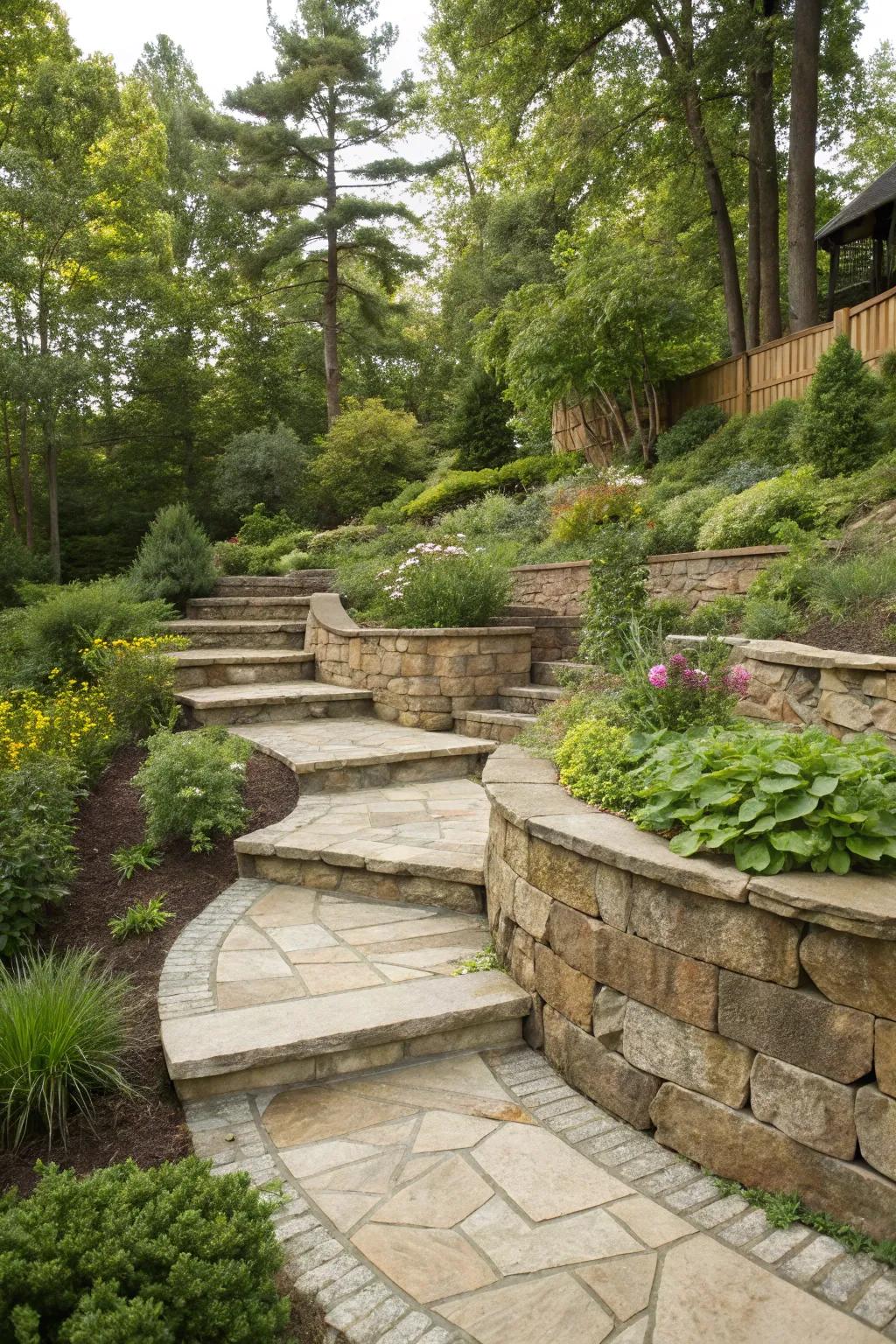 Charming pathways integrated into a tiered retaining wall create a seamless flow in the garden.