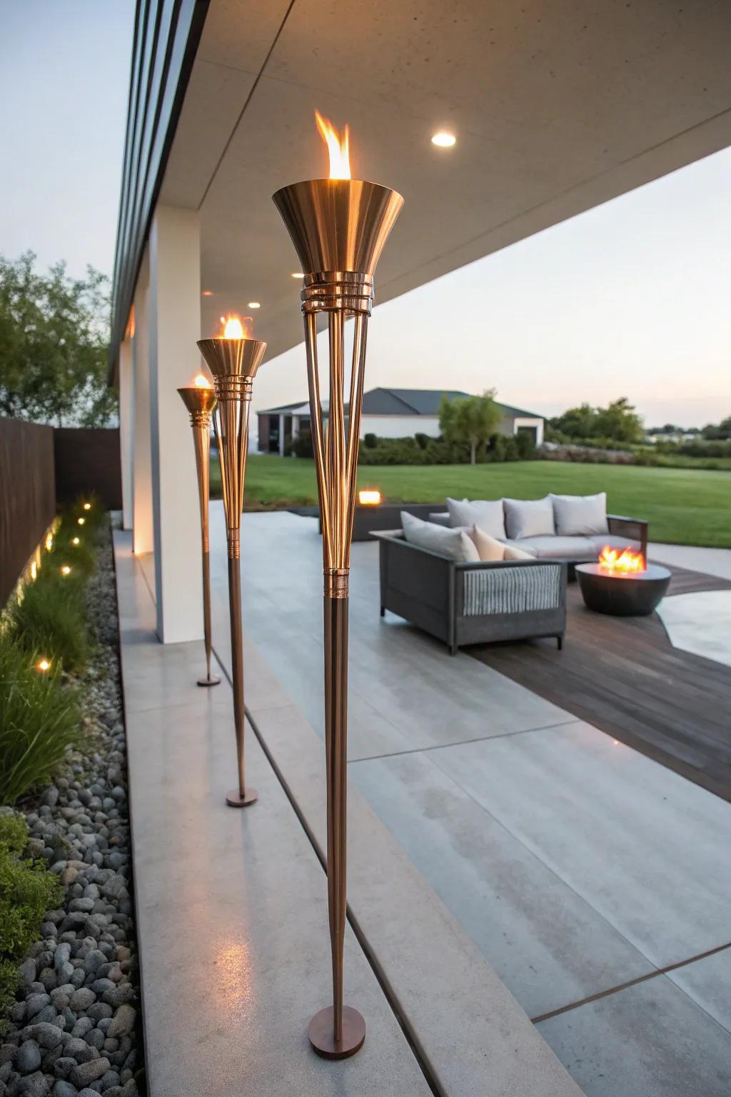 Copper pipe tiki torches offer a contemporary and stylish lighting option.