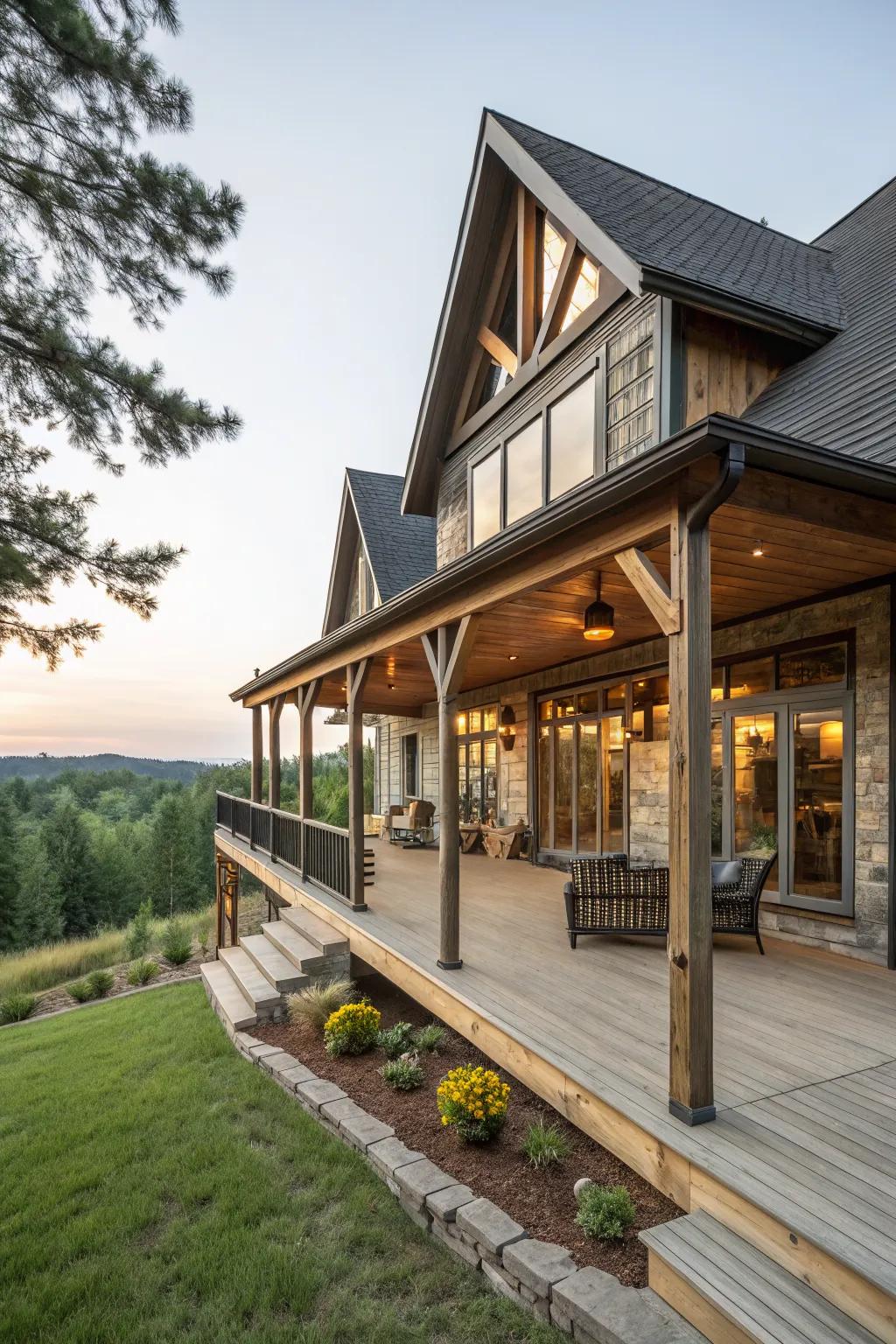 Expansive wraparound porch enhancing outdoor living.
