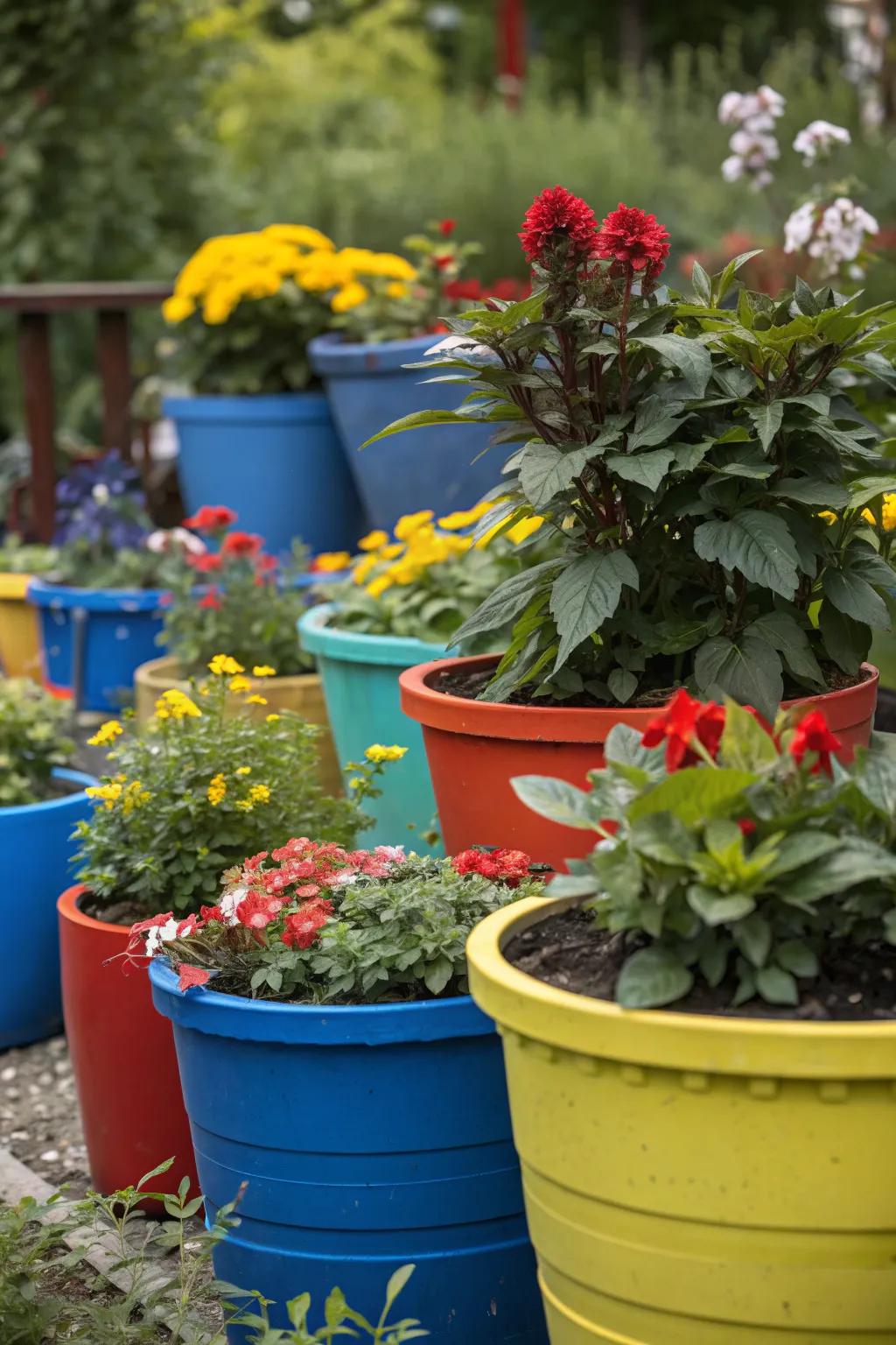 A diverse container garden with a variety of pots and plants.