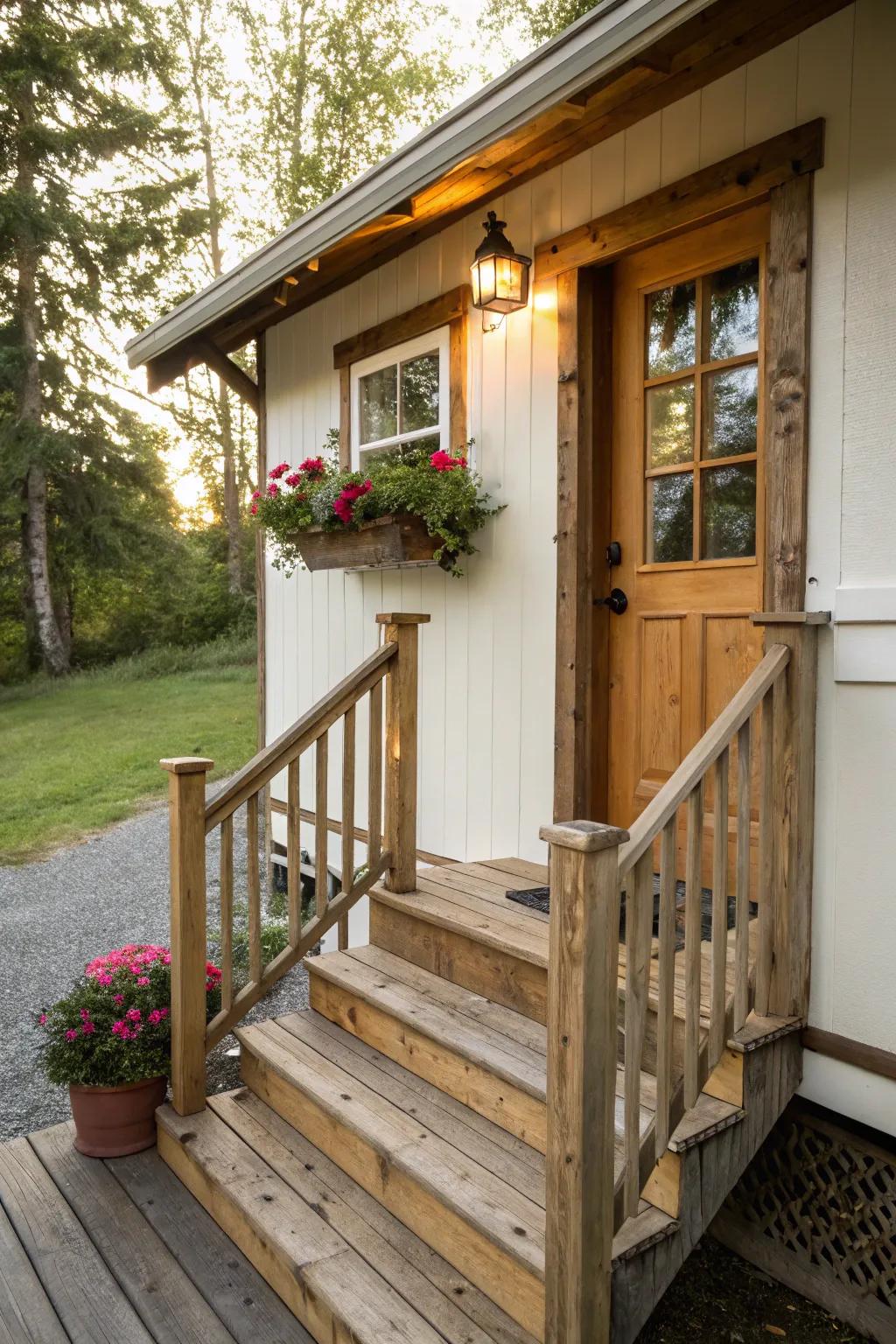 Rustic charm with wooden elements on the porch.