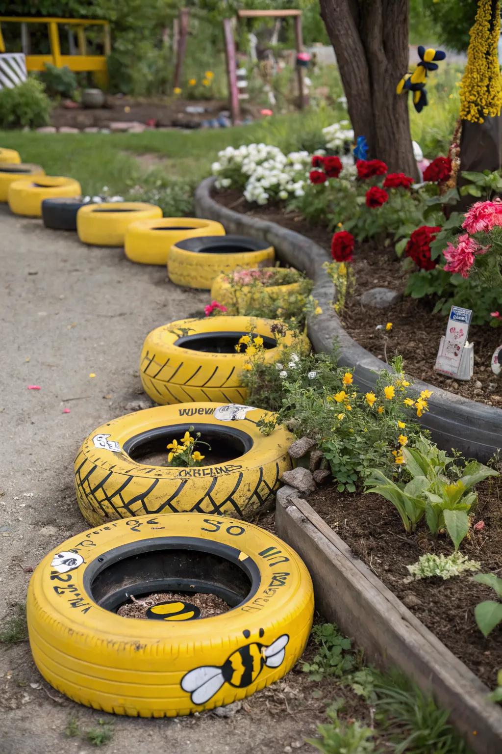 Themed tire gardens add personality to outdoor spaces.