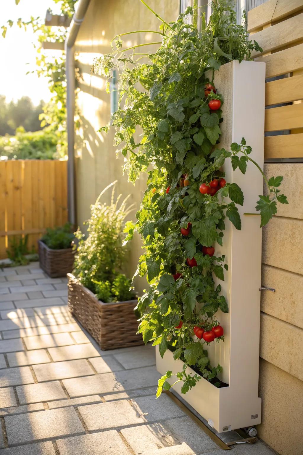 Vertical planters transform walls into tomato-growing havens.