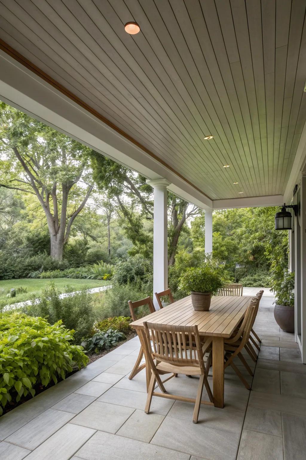 A covered patio with a tongue and groove ceiling is perfect for all seasons.