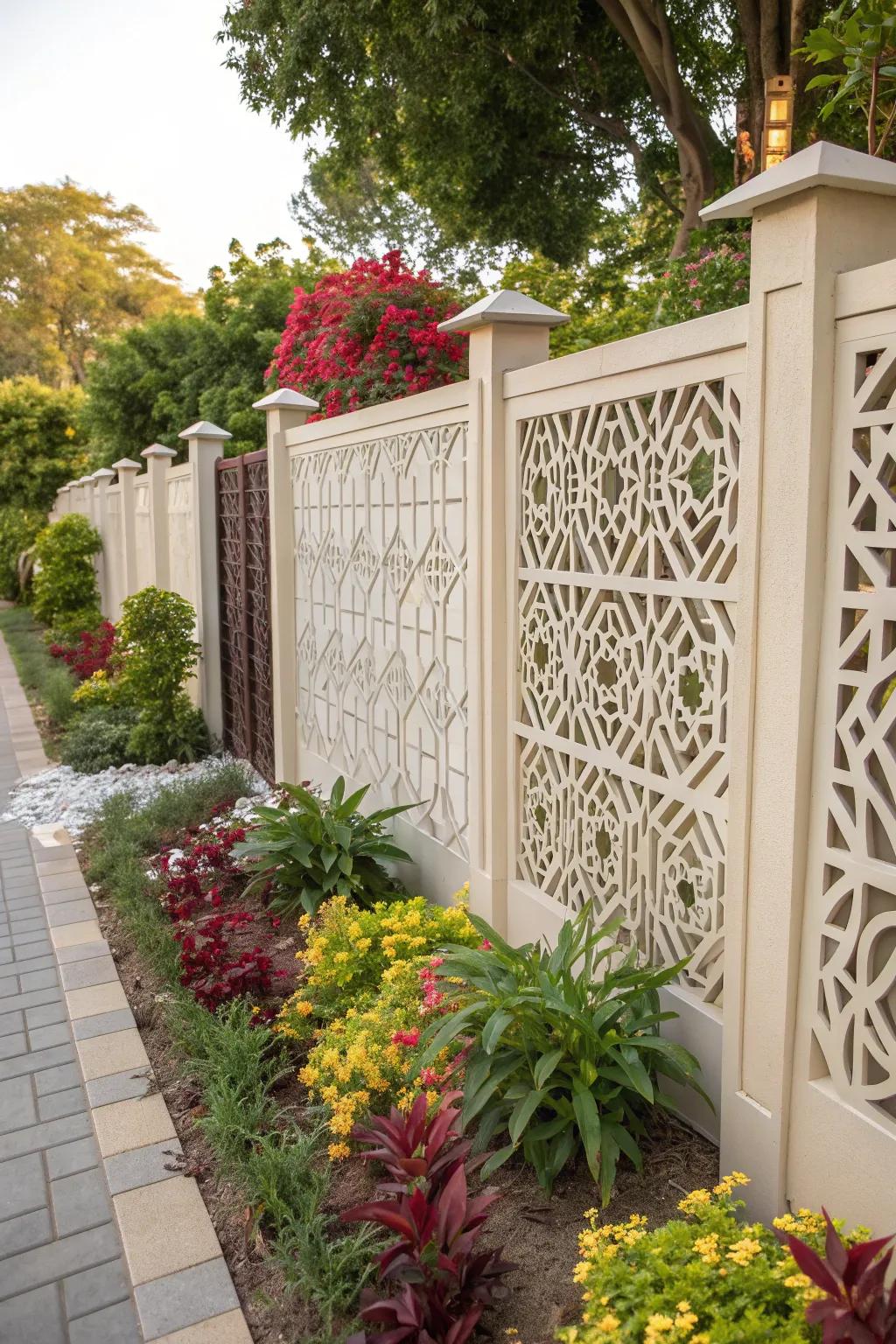 Geometric patterns on fences add a modern artistic touch.