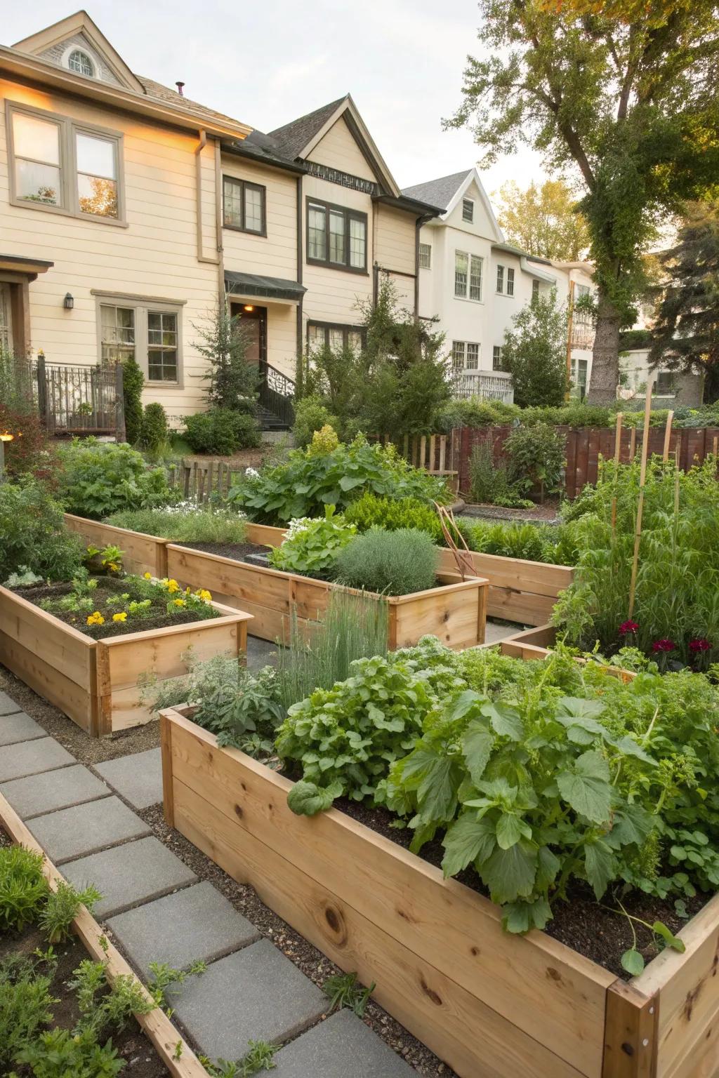 Cedar raised garden beds filled with herbs and vegetables in a townhouse garden.