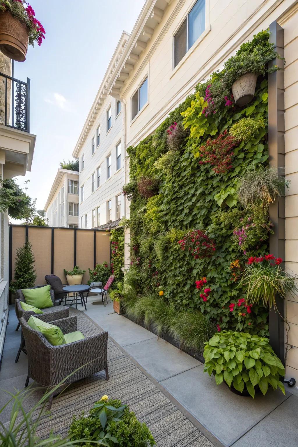 Vertical gardens bring life and privacy to small spaces.