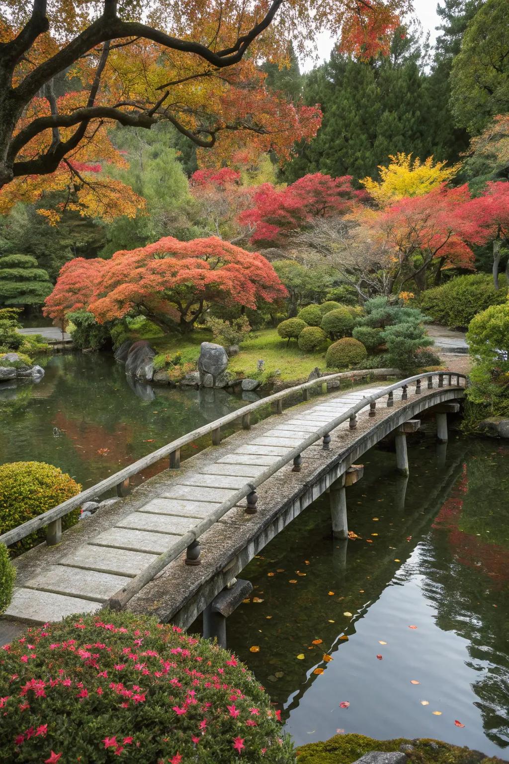 Zigzag Yatsu-hashi bridges bring a playful twist to garden paths.