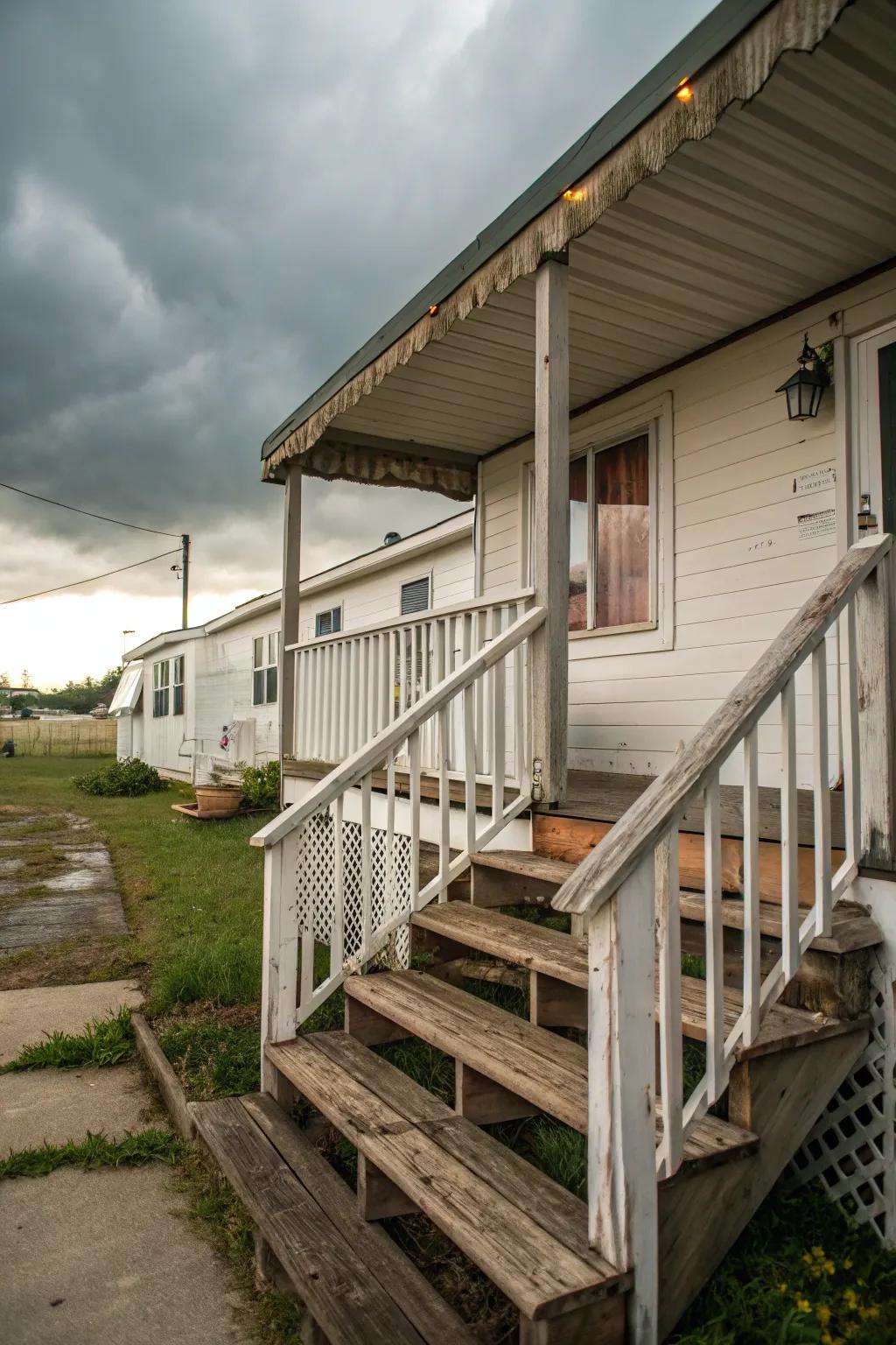 A trailer front porch with inviting steps and rustic railings.