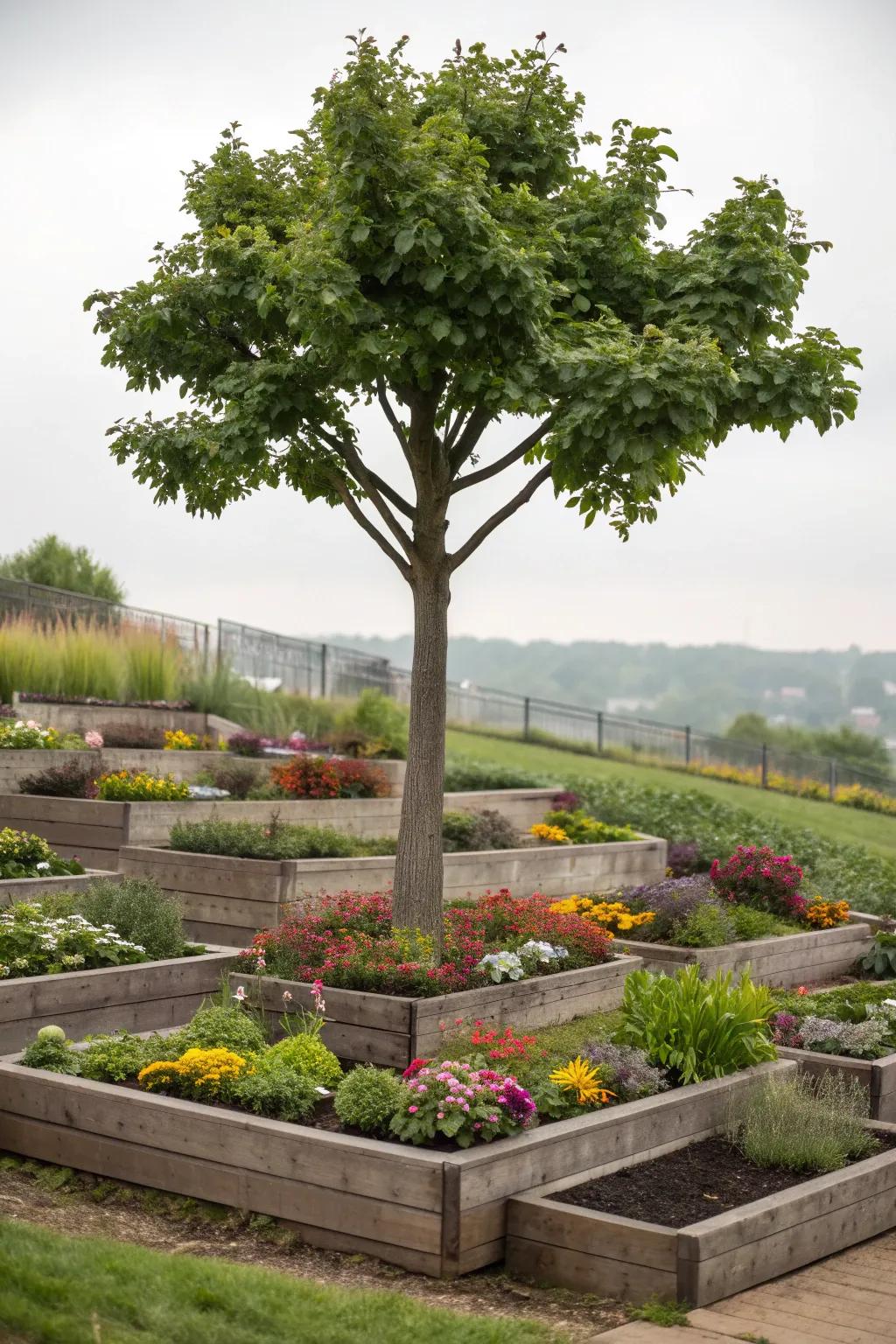A tree surrounded by lush, tiered garden beds.