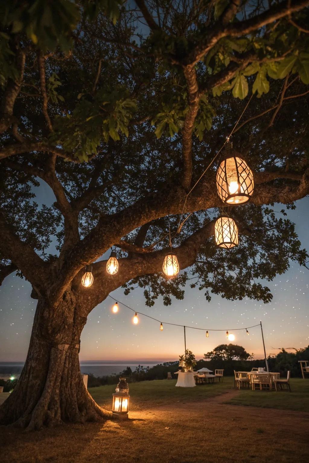 Tree illuminated by hanging lanterns