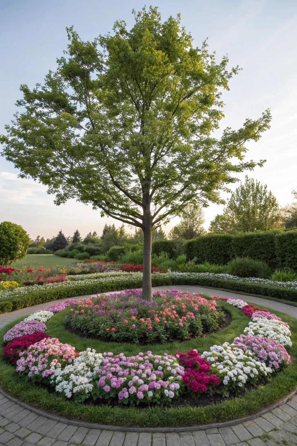 Symmetrical designs offer elegance and structure to tree flower beds.