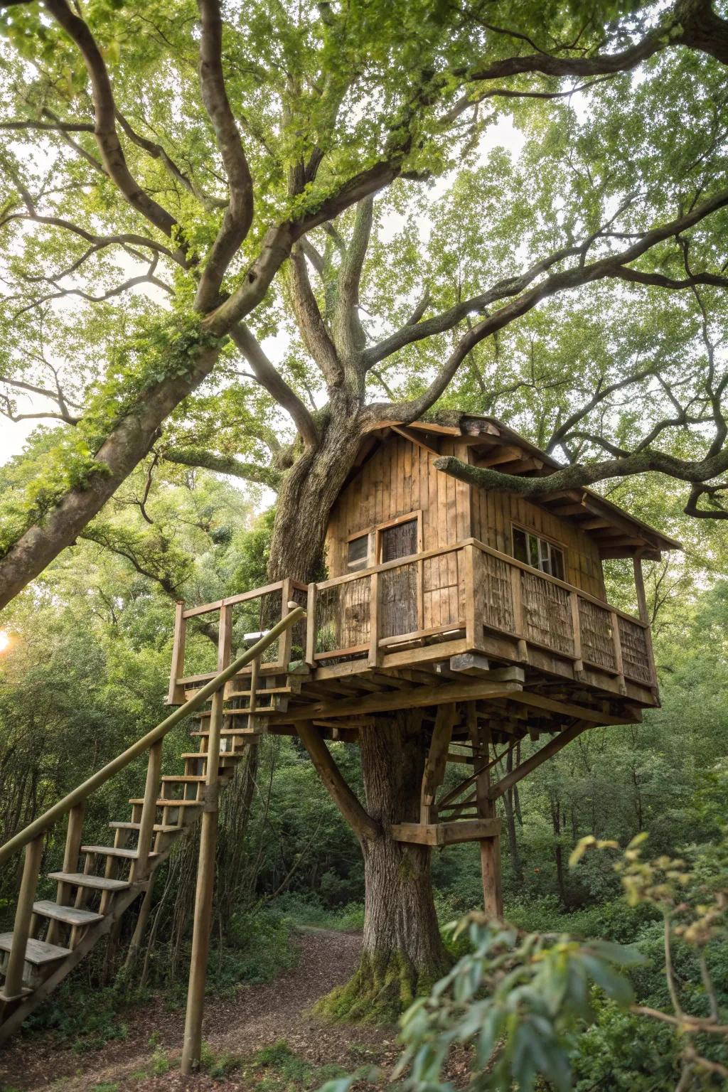 A tree house using live branches as support, seamlessly integrated into the trees.