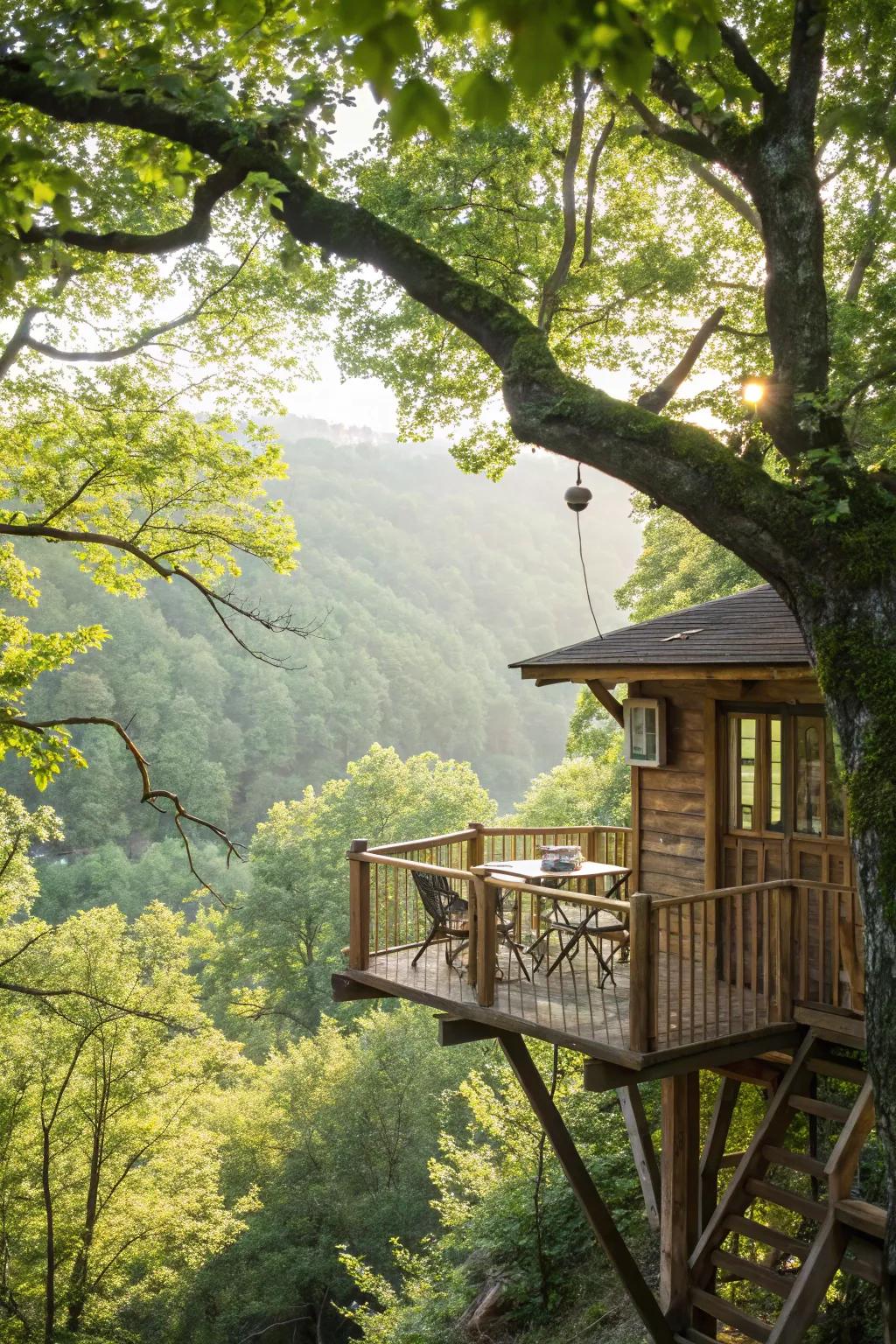 A tree house balcony offers a perfect spot for relaxation.