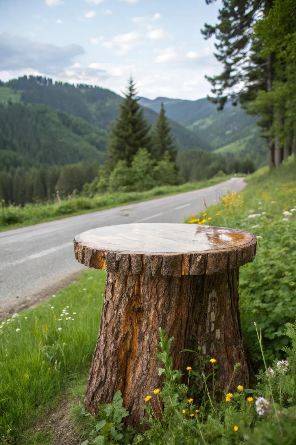A rustic outdoor table made from a tree stump.