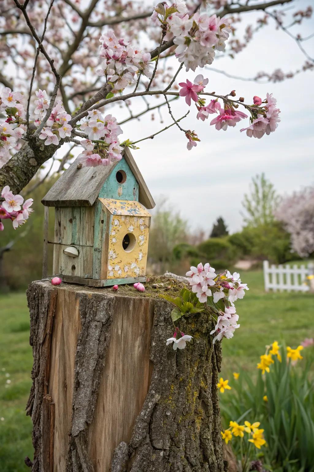 A rustic birdhouse stand brings life to your garden.
