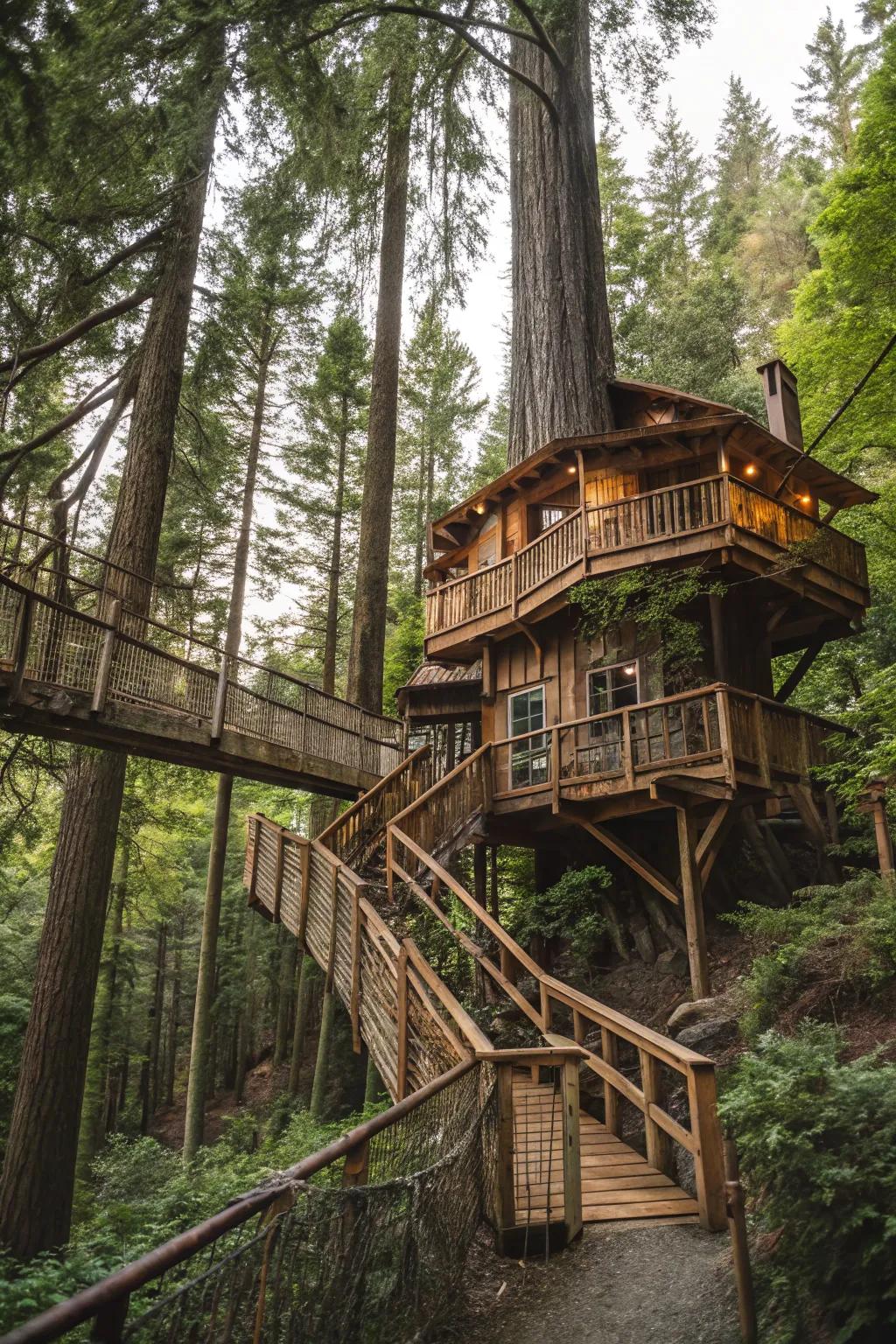 A multi-level treehouse with endless possibilities for outdoor fun.