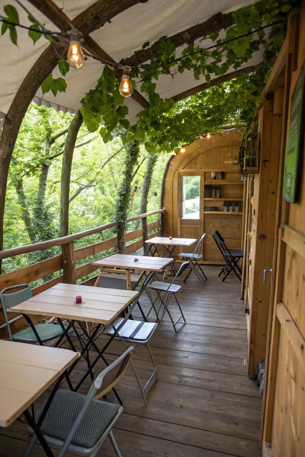 Foldable furniture maximizes space in compact treehouses.
