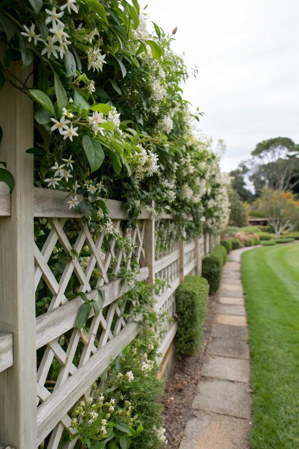 Evergreen jasmine on a trellis offers lush privacy.